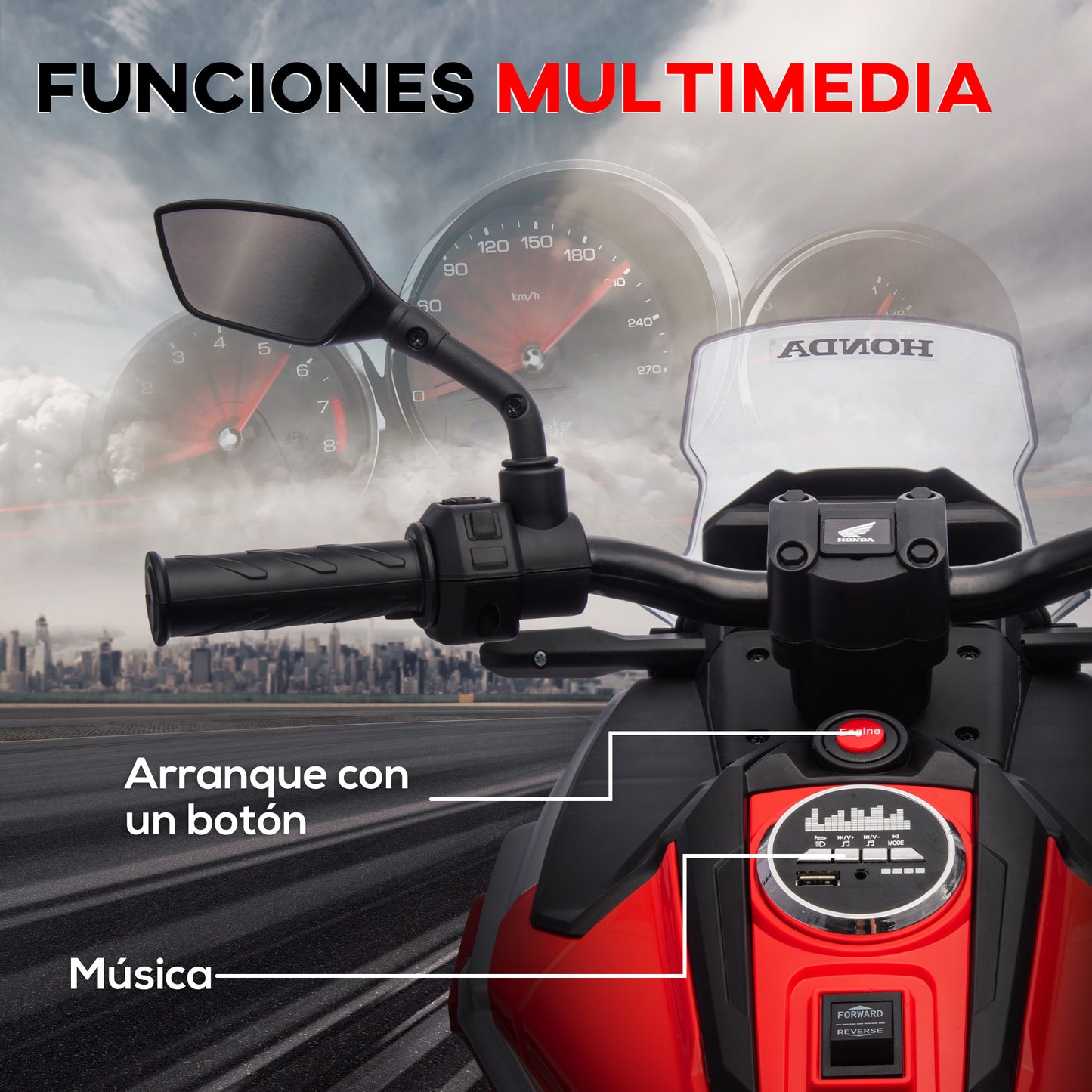 AIYAPLAY Moto Eléctrica para Niños de +3 Años con Licencia Honda Motocicleta de Batería 12V con USB MP3 Luz LED Moto para Niños con Velocidad 3 km/h Carga 30 kg Rojo