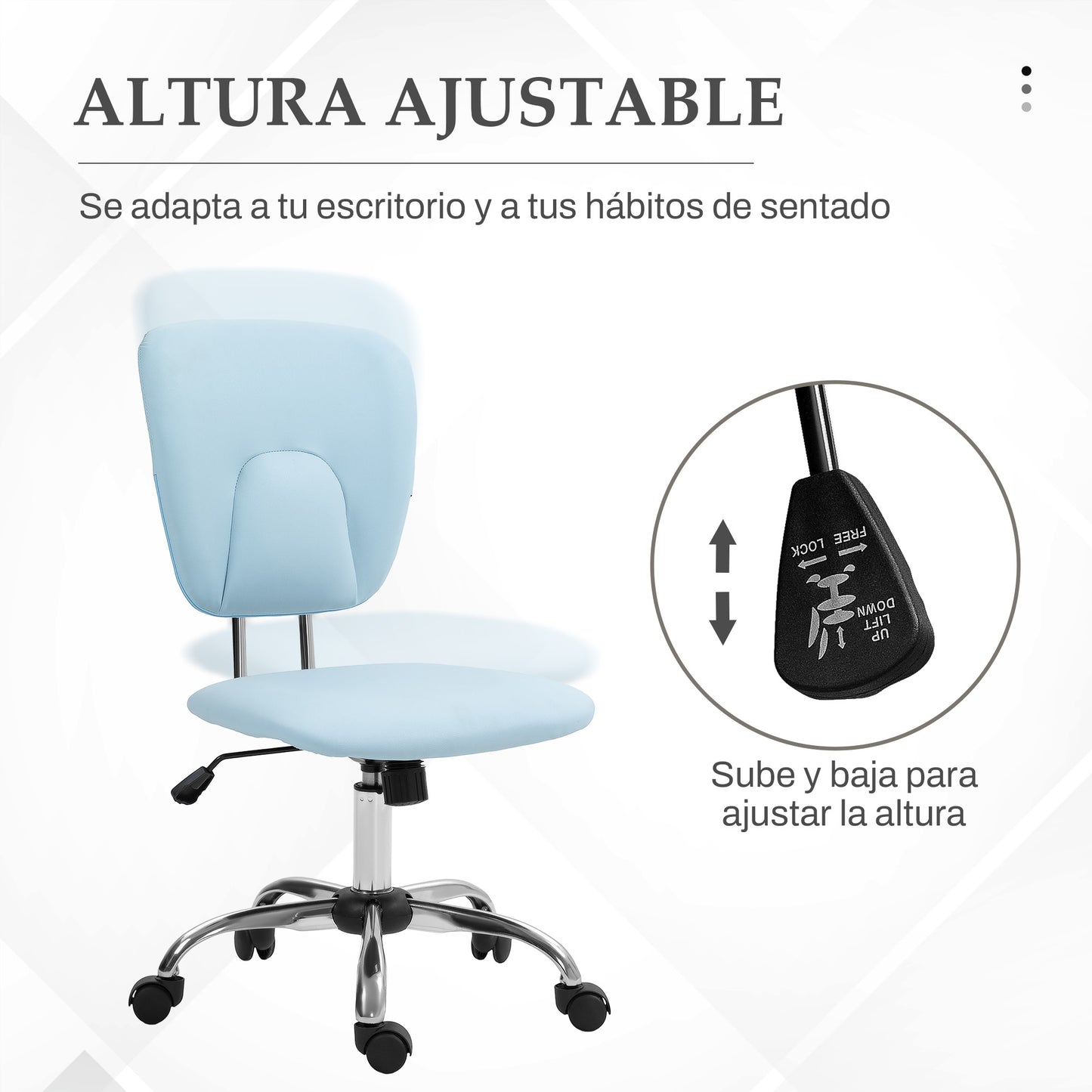 Vinsetto Silla de Oficina sin Reposabrazos Silla de Escritorio Juveniles con Altura Ajustable y Función de Inclinación Carga 120 kg 50x54x87,5-96,5 cm Azul Claro