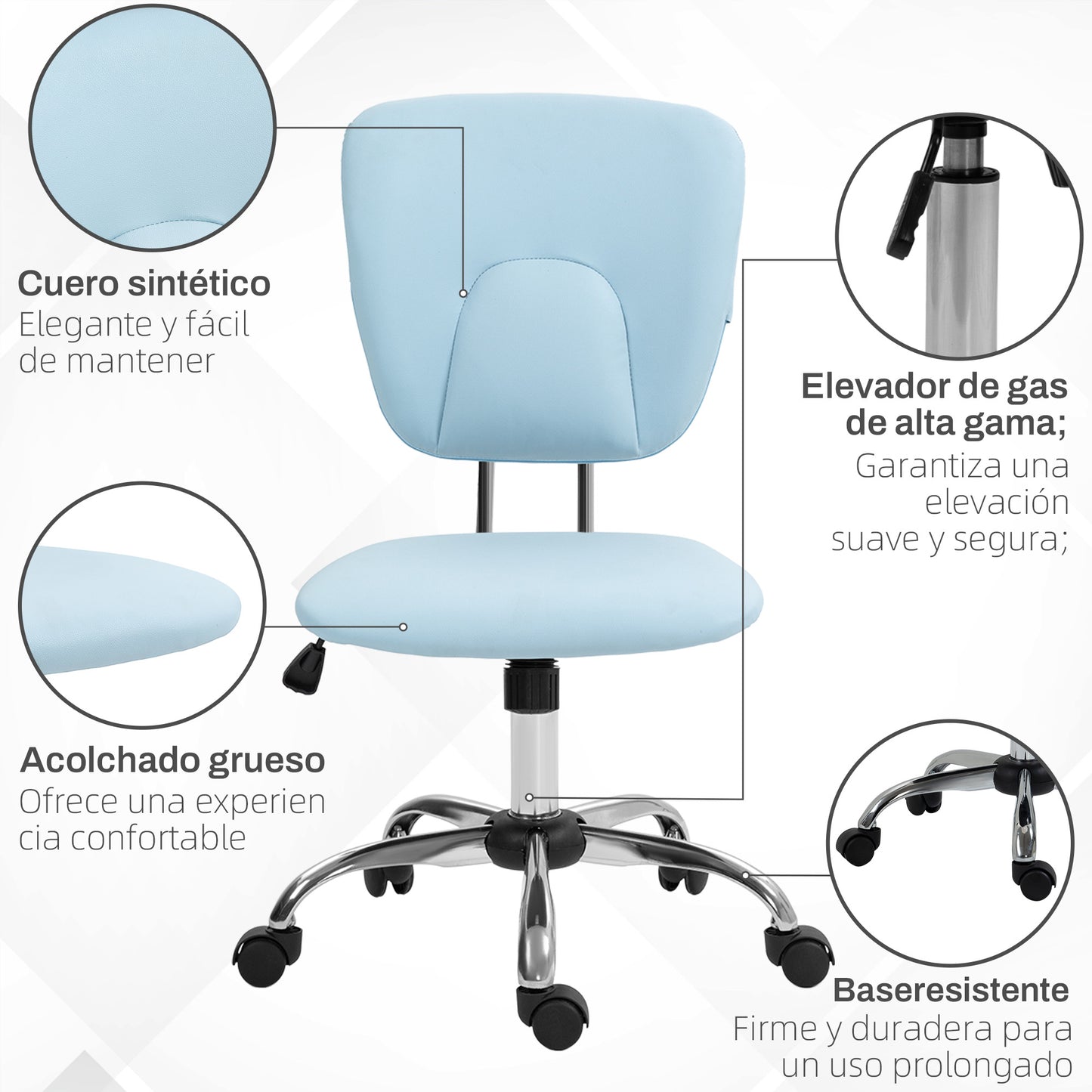 Vinsetto Silla de Oficina sin Reposabrazos Silla de Escritorio Juveniles con Altura Ajustable y Función de Inclinación Carga 120 kg 50x54x87,5-96,5 cm Azul Claro