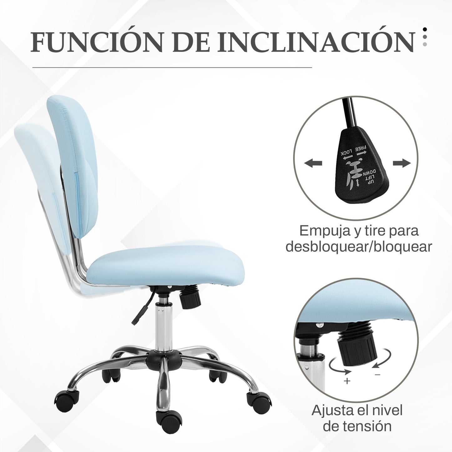 Vinsetto Silla de Oficina sin Reposabrazos Silla de Escritorio Juveniles con Altura Ajustable y Función de Inclinación Carga 120 kg 50x54x87,5-96,5 cm Azul Claro