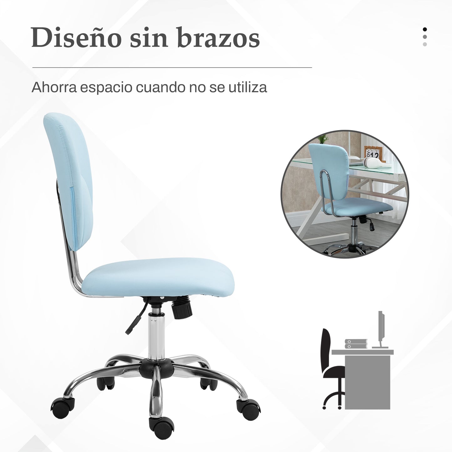 Vinsetto Silla de Oficina sin Reposabrazos Silla de Escritorio Juveniles con Altura Ajustable y Función de Inclinación Carga 120 kg 50x54x87,5-96,5 cm Azul Claro