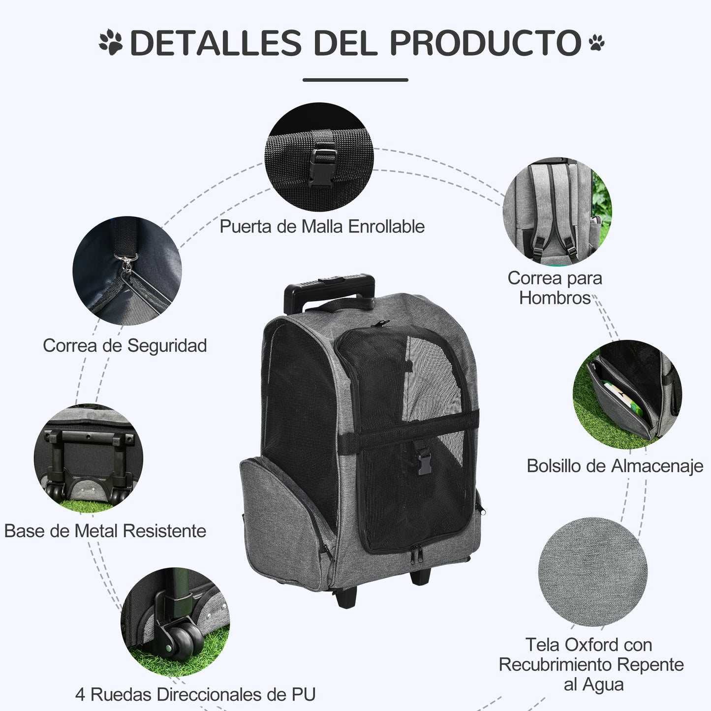 PawHut Transportín Carrito para Mascotas 2 en 1 Mochila de Viaje con 2 Ruedas para Perros Gatos con Asa Retráctil de Aluminio y Bolsillos de Almacenaje 42x25x55 cm Gris