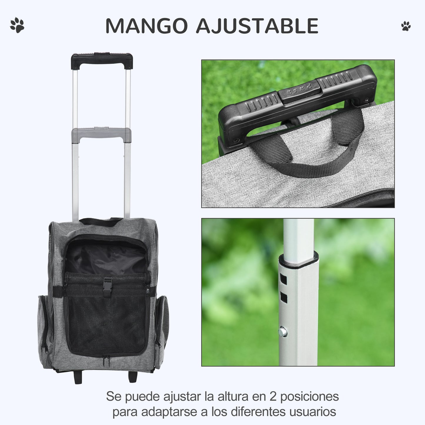 PawHut Transportín Carrito para Mascotas 2 en 1 Mochila de Viaje con 2 Ruedas para Perros Gatos con Asa Retráctil de Aluminio y Bolsillos de Almacenaje 42x25x55 cm Gris