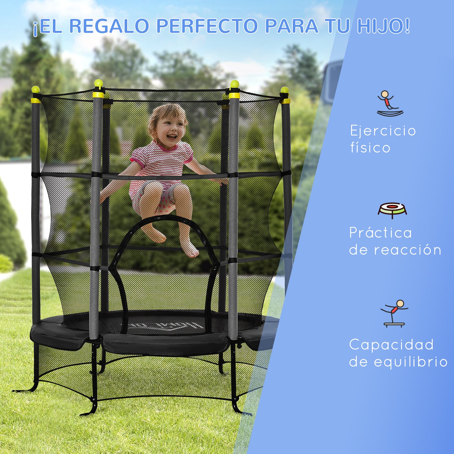 HOMCOM Cama Elástica Infantil Ø163x163 cm Trampolín para Niños de +3 Años con Red de Seguridad y Marco de Acero Carga 50 kg para Interior y Exterior Negro