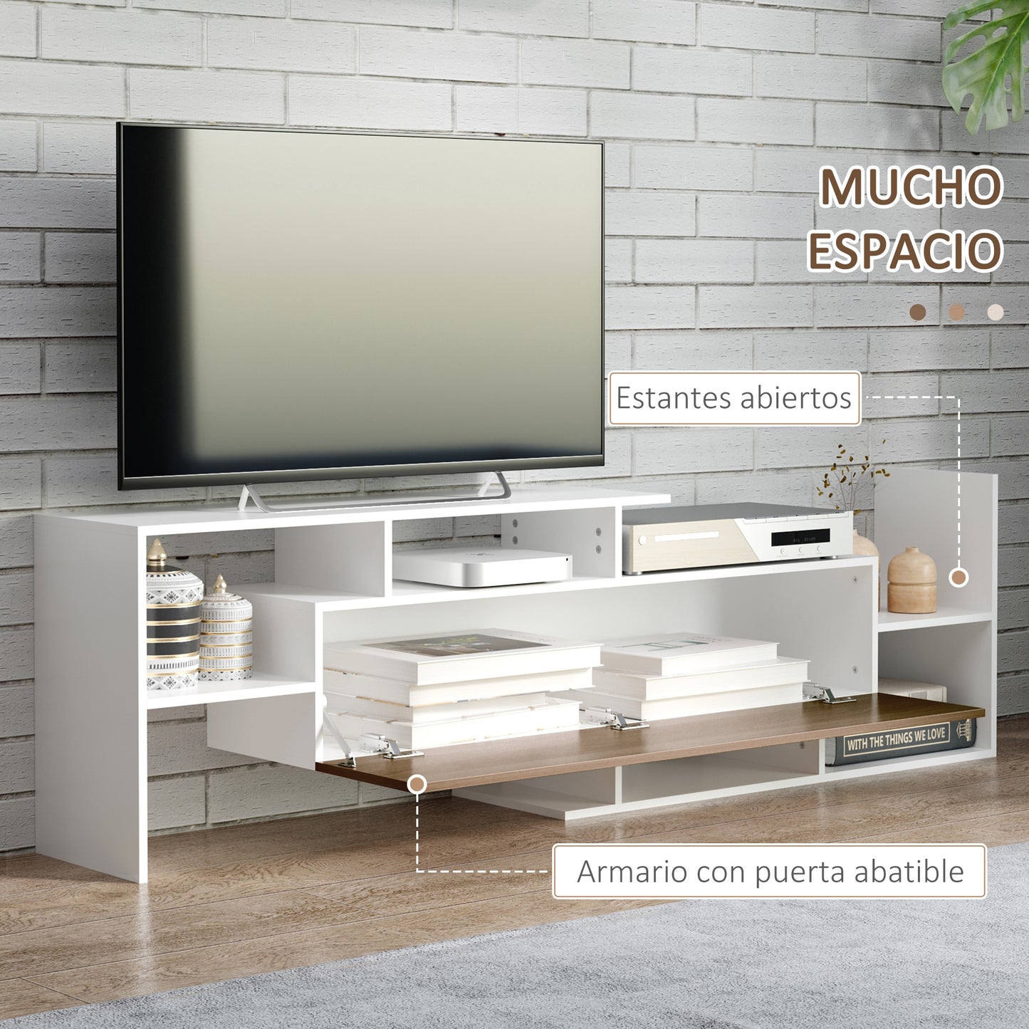 HOMCOM Muebles de Salón Conjunto Muebles de TV con Mesa para Televisor 153,6x25x42 cm y Estante de Pared 150x14,5x16,3 cm Blanco y Marrón