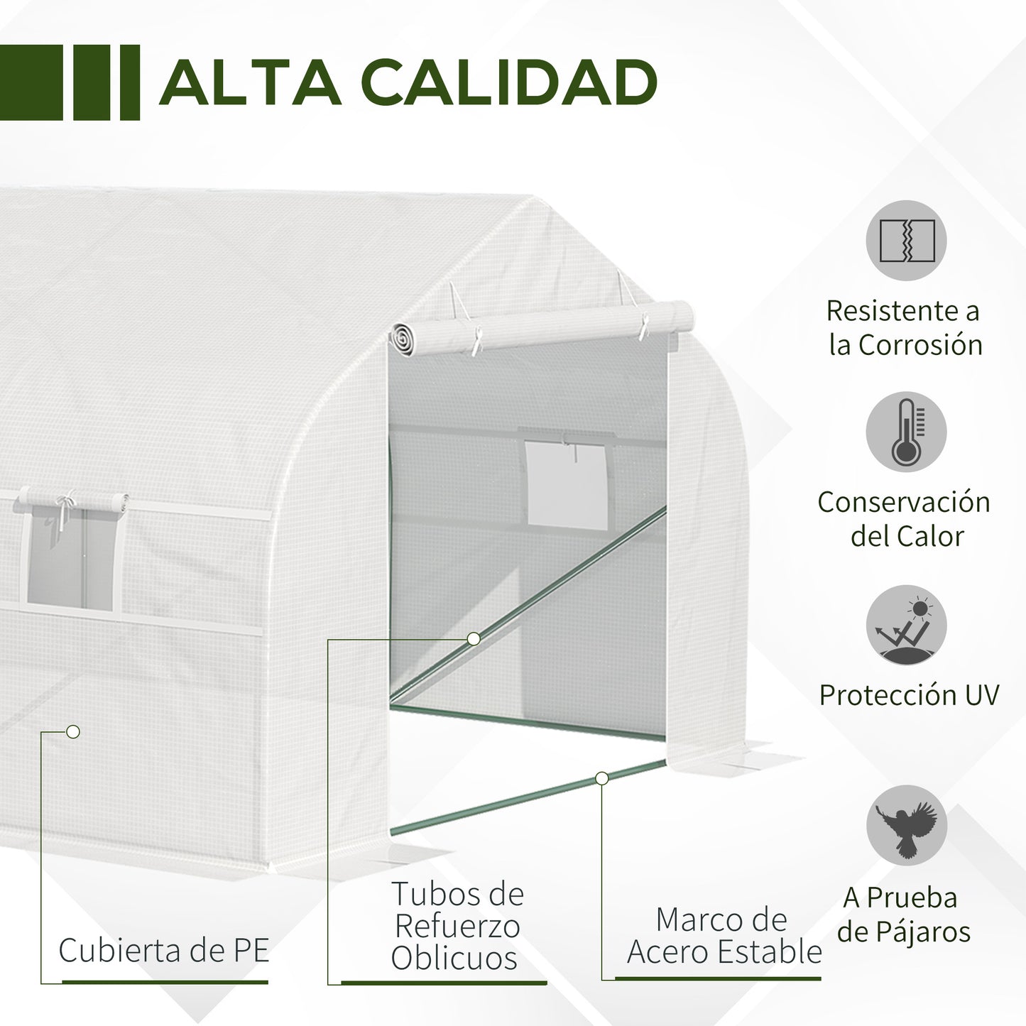 Outsunny Invernadero de Jardín 593x300x200 cm Tipo Túnel para Cultivo Plantas Verduras con 8 Ventanas Transpirables y Puerta Enrollable con Cremallera Acero Blanco