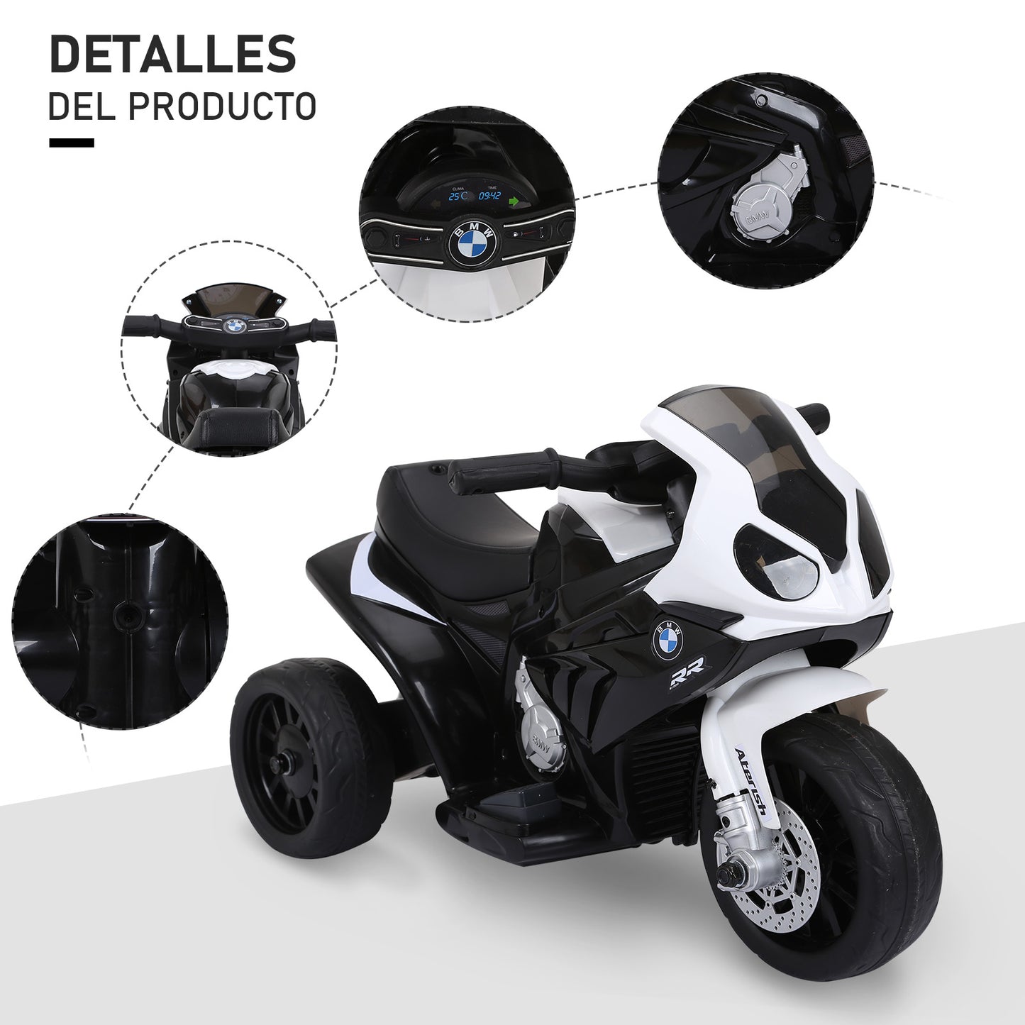 HOMCOM Moto Eléctrica para Niños de 18-36 Meses con Licencia BMW S1000RR Motocicleta de Batería 6V Moto Infantil con Música Carga 20 kg Negro