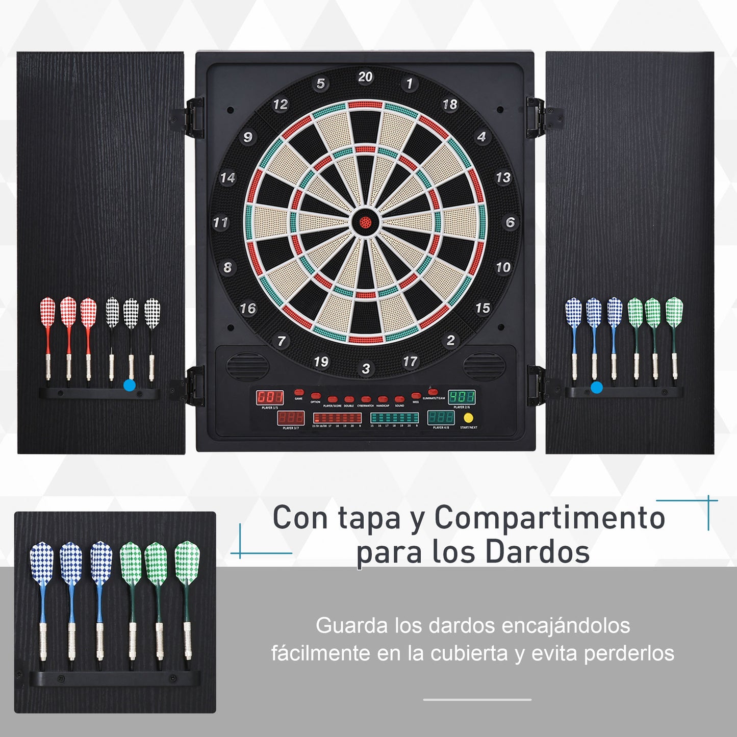 HOMCOM Diana Electrónica Digital hasta 8 Jugadores con 12 Dardos y 30 Puntas con Pantalla LED Puertas 27 Juegos Distintos y 202 Variantes 51x6,5x57 cm Negro