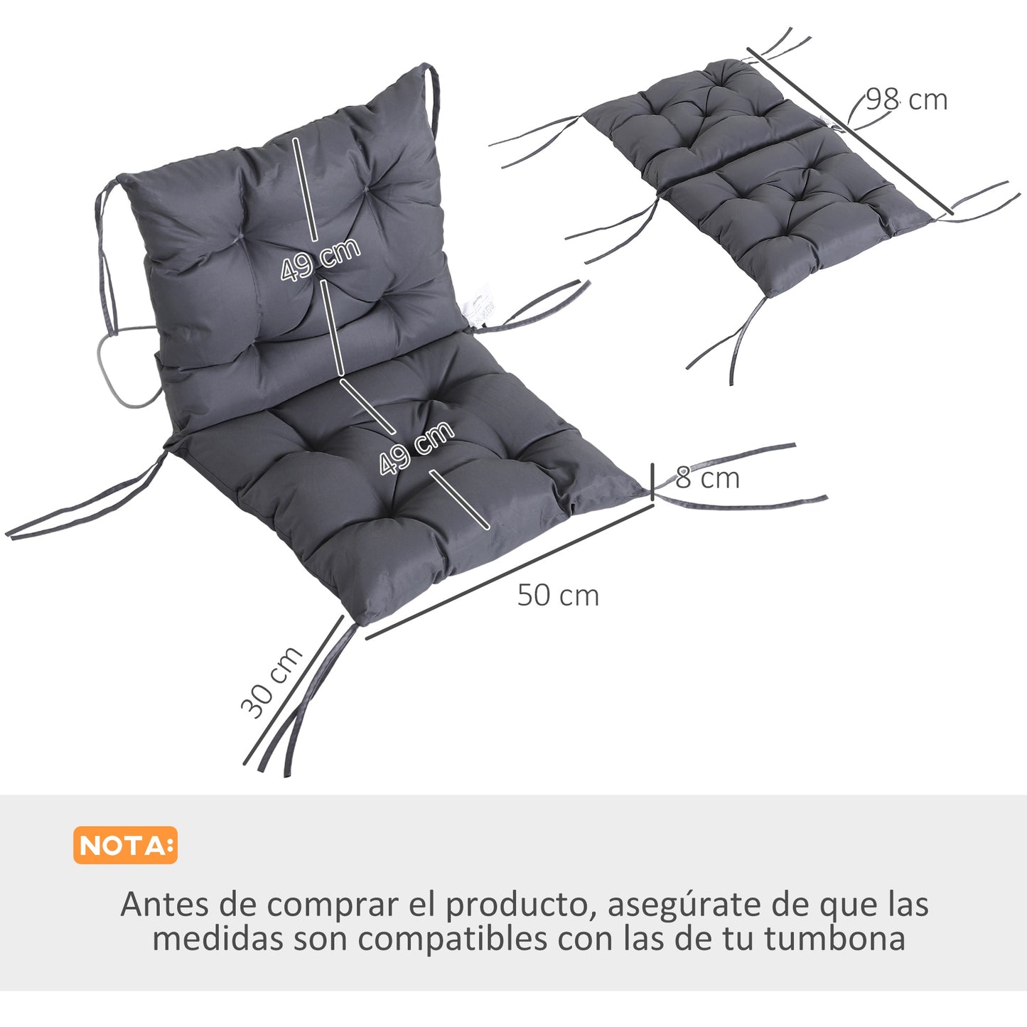 Outsunny Conjunto de 2 Cojines para Silla 50x98x8 cm Colchones de Banco con Respaldo 6 Cordones de Fijación para Jardín Terraza Balcón Gris Oscuro