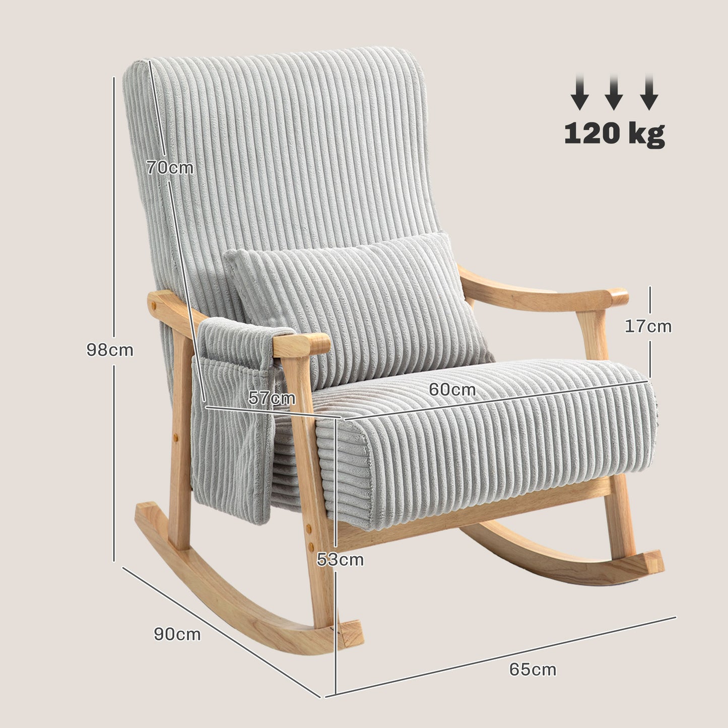 HOMCOM Mecedora Moderna Silla Mecedora de Pana con Patas y Reposabrazos de Madera de Haya Cojín Lumbar y Bolsillo Mecedora para Lactancia Carga 120 kg para Dormitorio Salón Gris