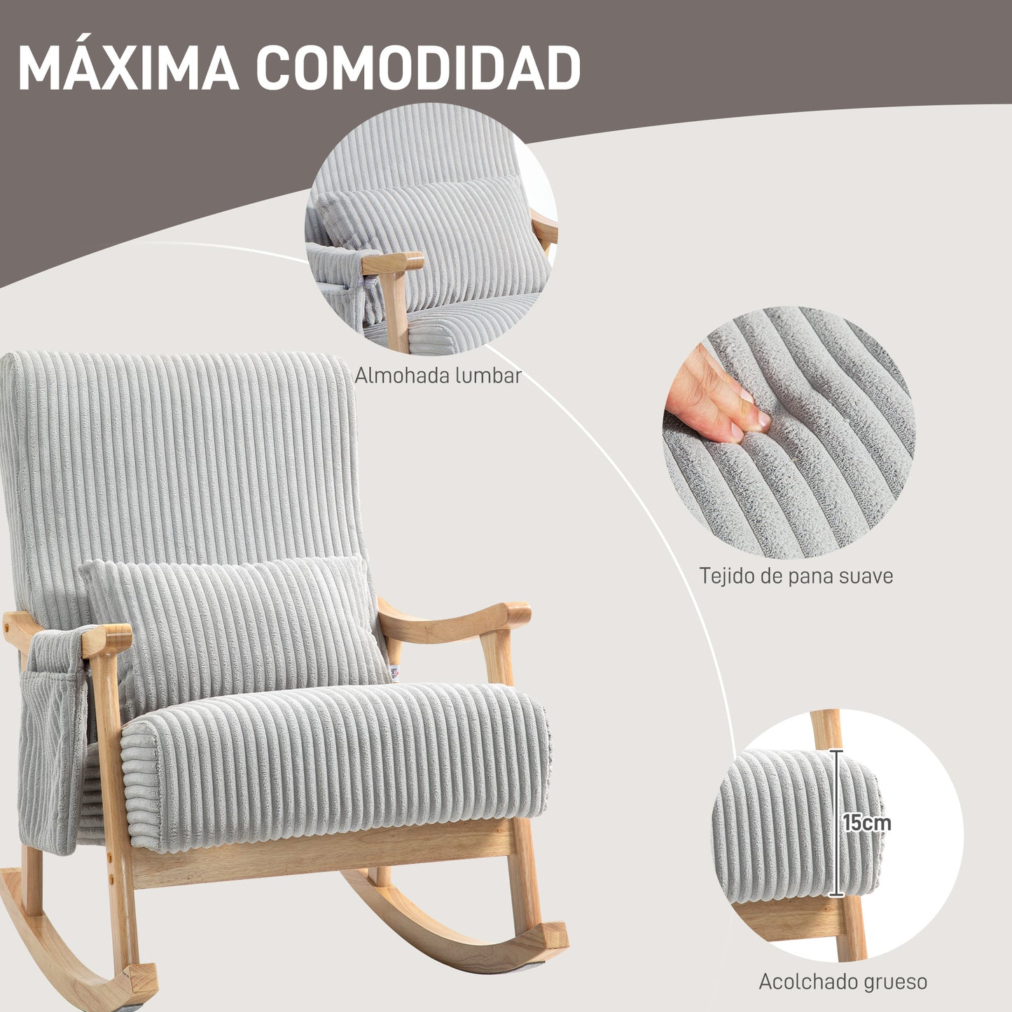 HOMCOM Mecedora Moderna Silla Mecedora de Pana con Patas y Reposabrazos de Madera de Haya Cojín Lumbar y Bolsillo Mecedora para Lactancia Carga 120 kg para Dormitorio Salón Gris