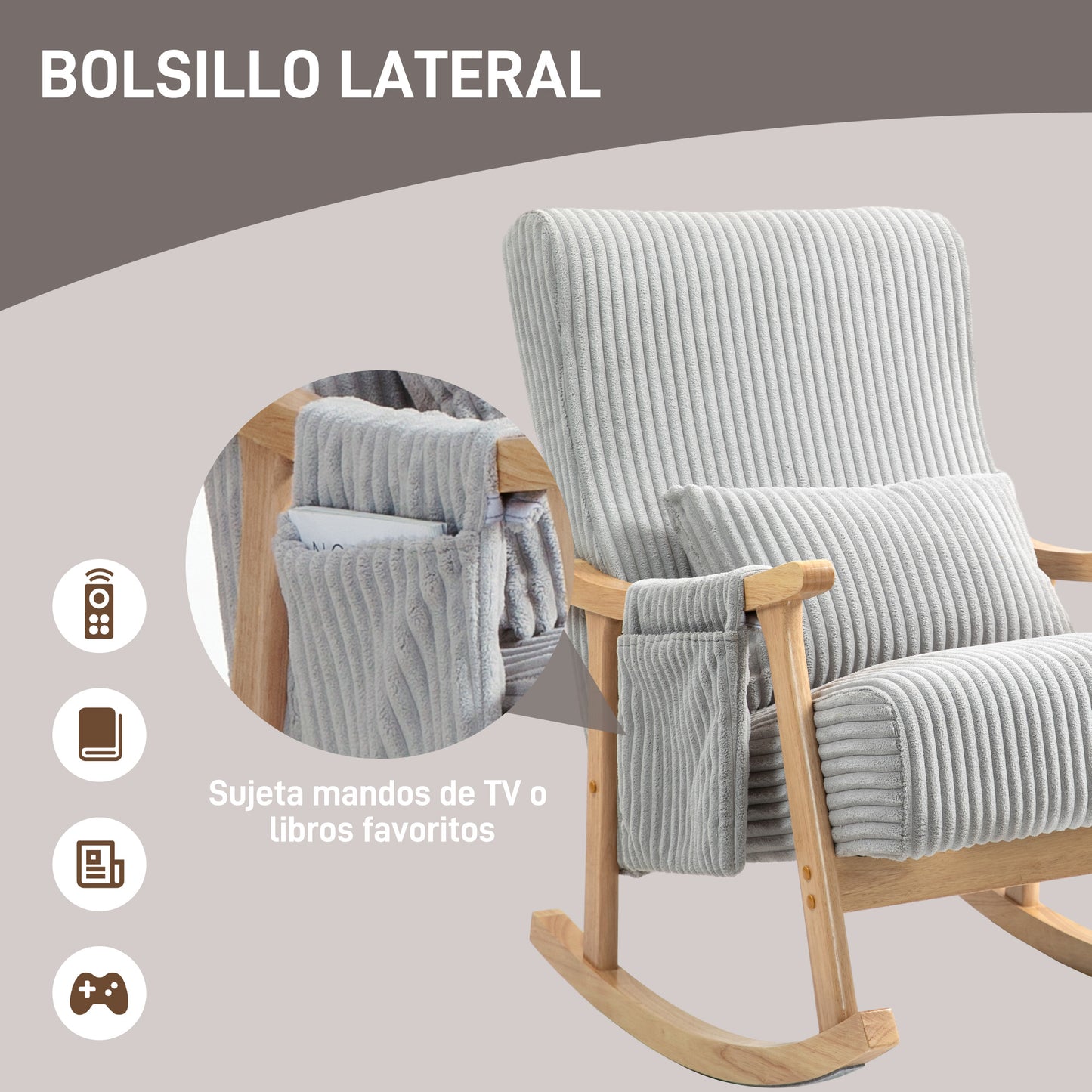 HOMCOM Mecedora Moderna Silla Mecedora de Pana con Patas y Reposabrazos de Madera de Haya Cojín Lumbar y Bolsillo Mecedora para Lactancia Carga 120 kg para Dormitorio Salón Gris