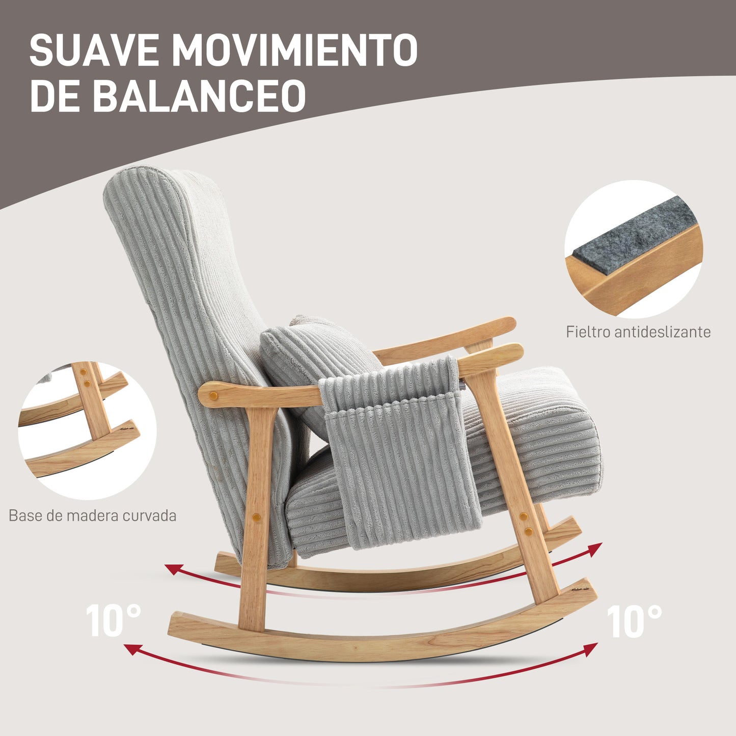 HOMCOM Mecedora Moderna Silla Mecedora de Pana con Patas y Reposabrazos de Madera de Haya Cojín Lumbar y Bolsillo Mecedora para Lactancia Carga 120 kg para Dormitorio Salón Gris