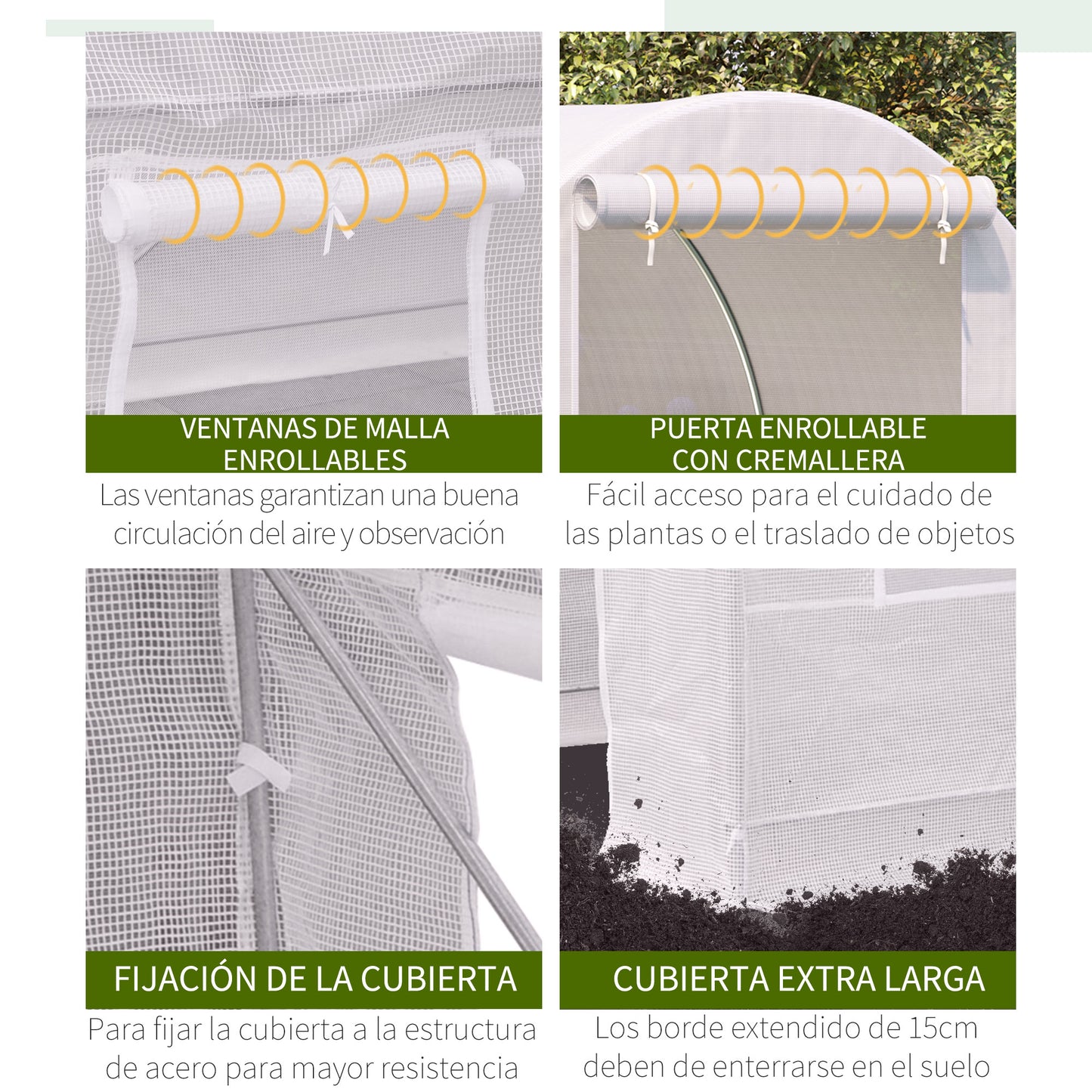 Outsunny Invernadero de Túnel 245x200x200 cm Invernadero de Jardín con Puerta Enrollable y Ventanas Múltiples Cubierta PE 140 g/m² Anti-UV Marco de Metal para Cultivo Plantas Verduras Blanco