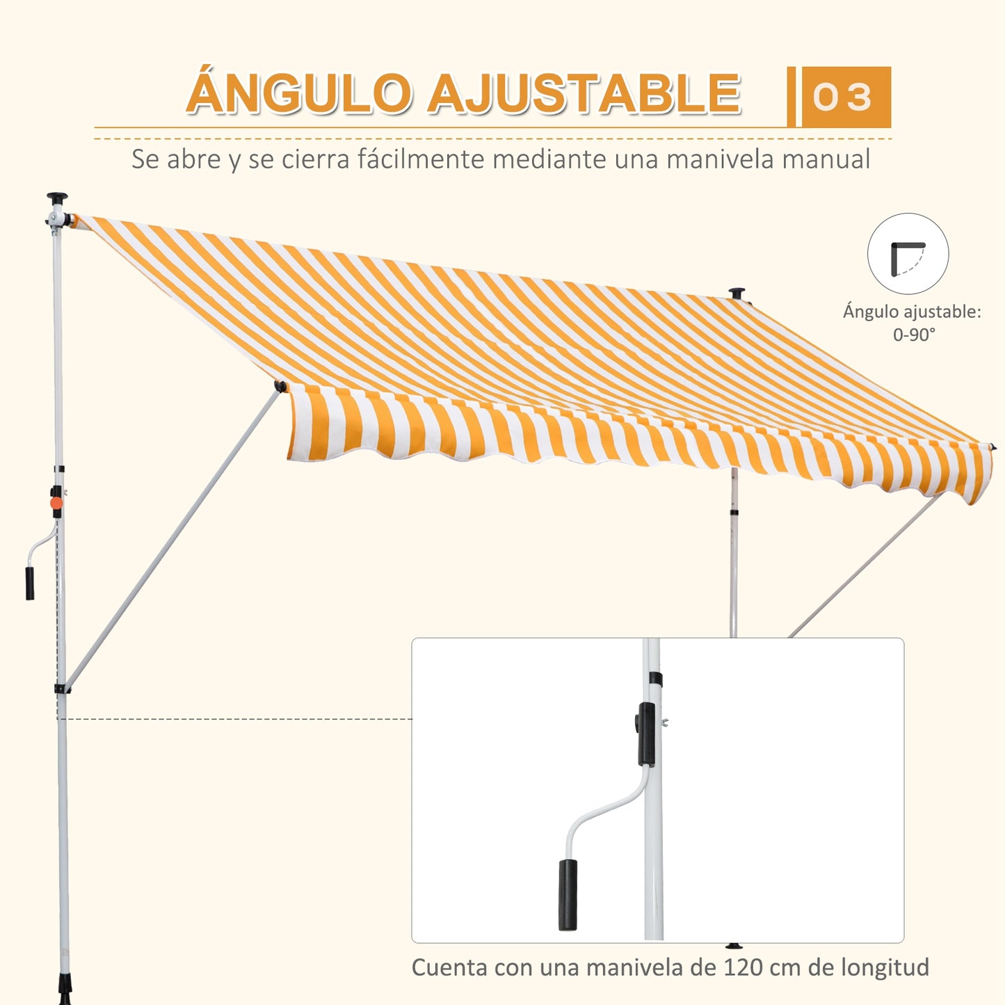 Outsunny Toldo Manual Retráctil 300x150x170-280 cm Toldo para Balcón con Altura Ajustable Manivela y Protección Solar para Terraza Jardín Naranja