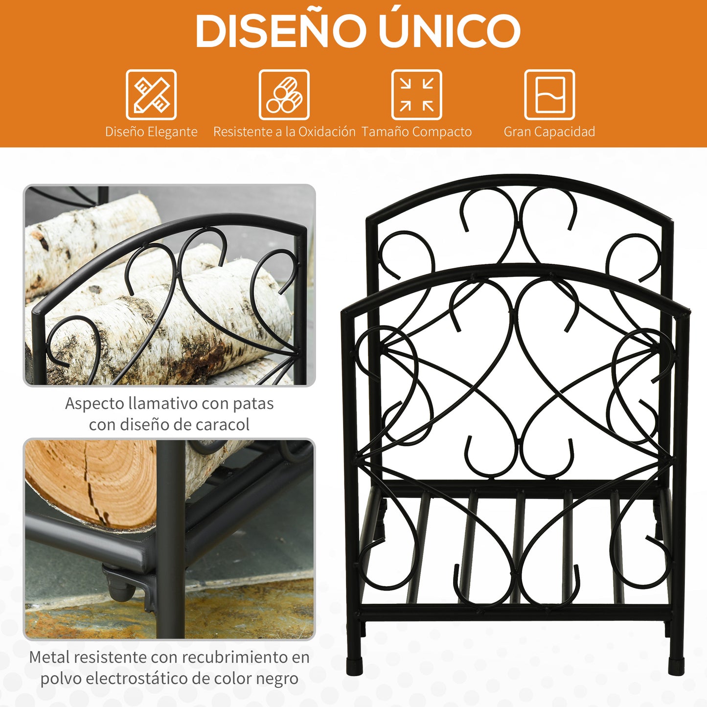 Outsunny Estante para Leña 39,5x31,5x39,5 cm Soporte para Leña Metálico Leñero Interior y Exterior con Rejilla y Base Elevada Diseño Vintage Carga Máx. 50 kg Negro