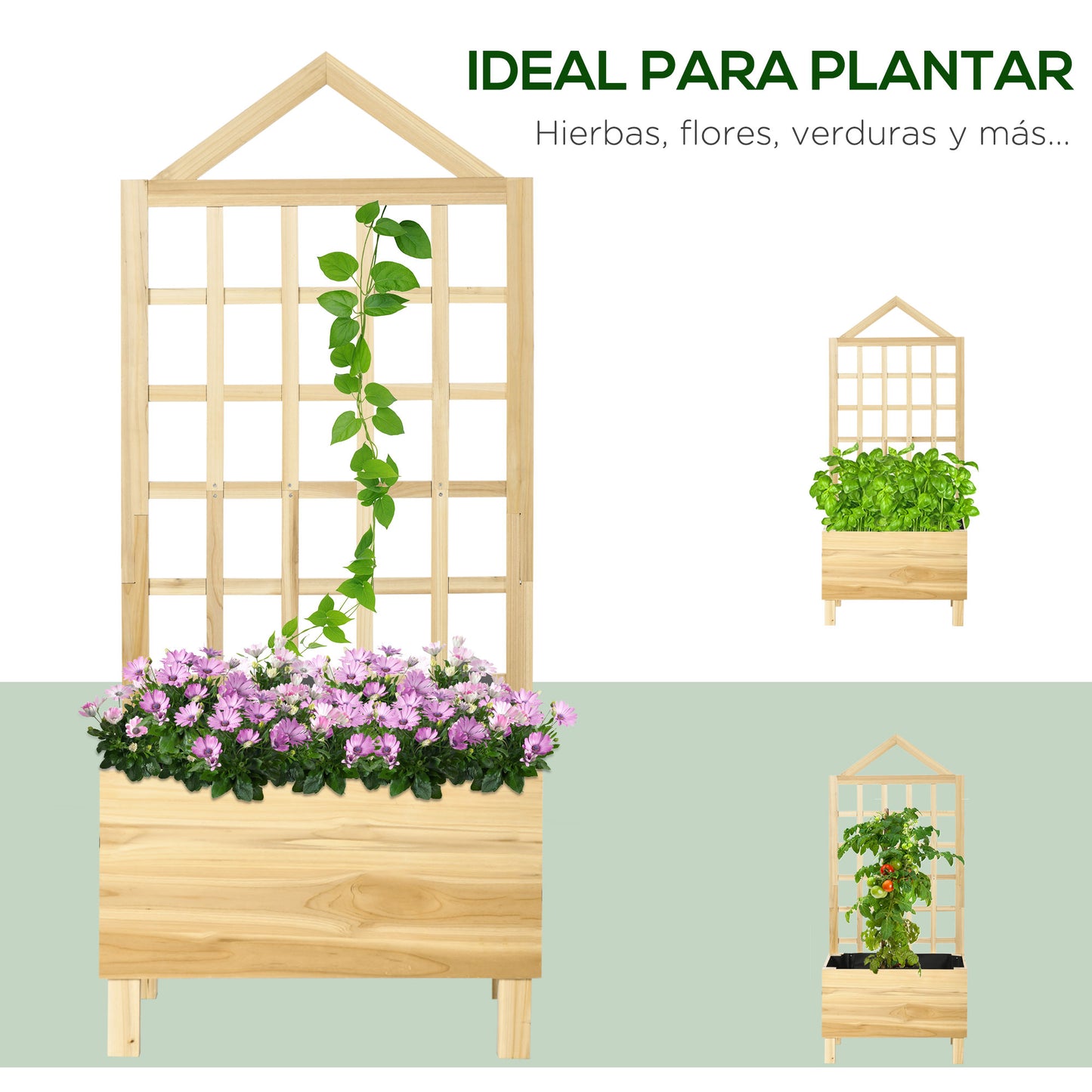 Outsunny Jardinera de Madera con Enrejado Jardinera con Celosía Arriate de Jardín con Tela no Tejida y 2 Orificios de Drenaje para Cultivos Verduras Flores en Exterior 60x43x147 cm Natural