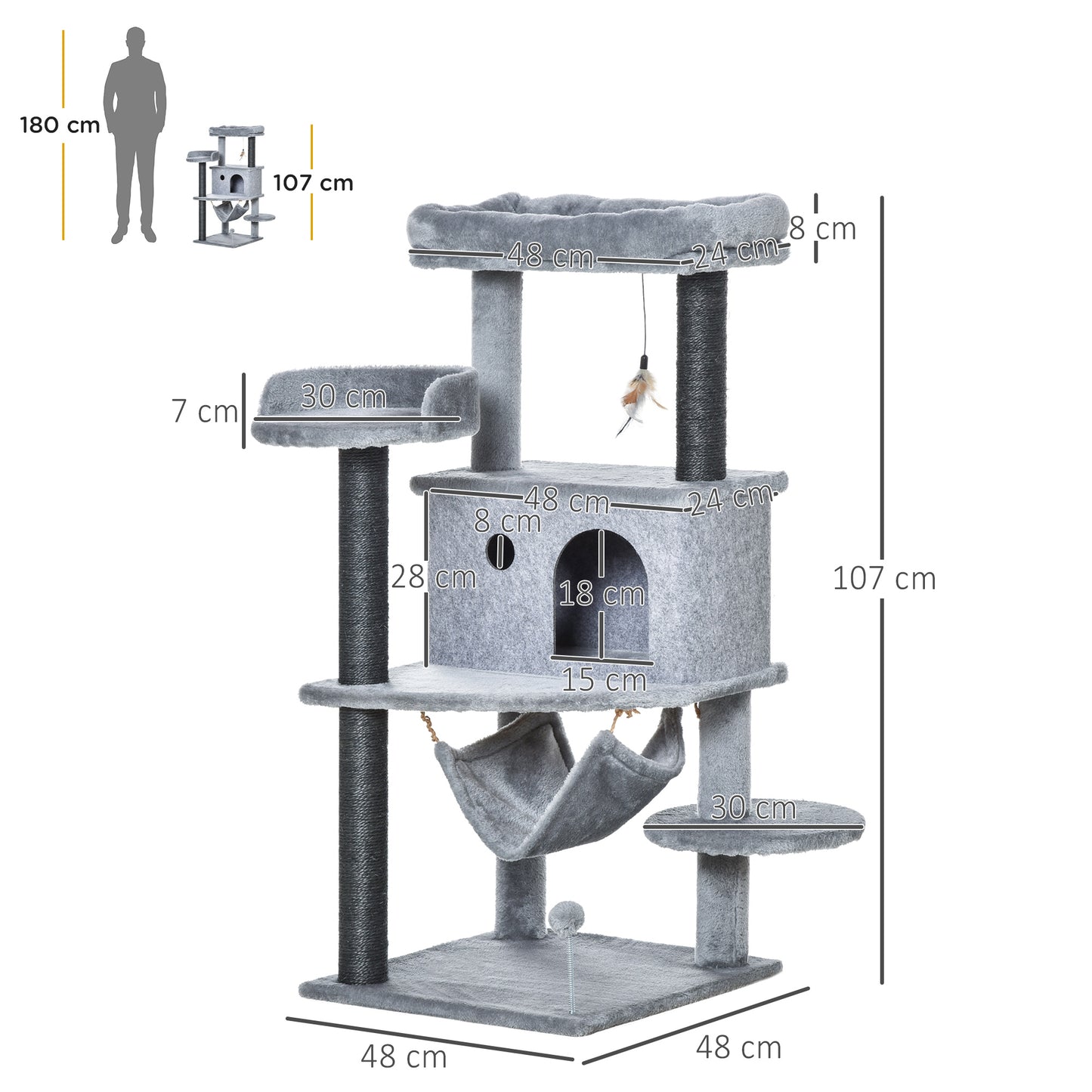 PawHut Árbol Rascador para Gatos 48x48x107 cm Torre para Gatos con Cueva de Fieltro Desmontable Hamaca Camas de Felpa Múltiples Plataformas Postes de Sisal y Juguetes Gris