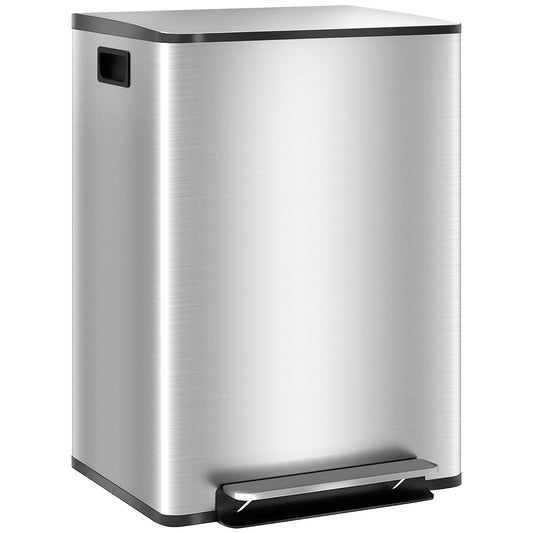 HOMCOM Cubo de Basura de Cocina con 2 Compartimentos 2x30L Papelera de Cocina de Acero Inoxidable con Pedal Tapa de Cierre Suave y Cubo Extraíble para Dormitorio Oficina Salón Plata