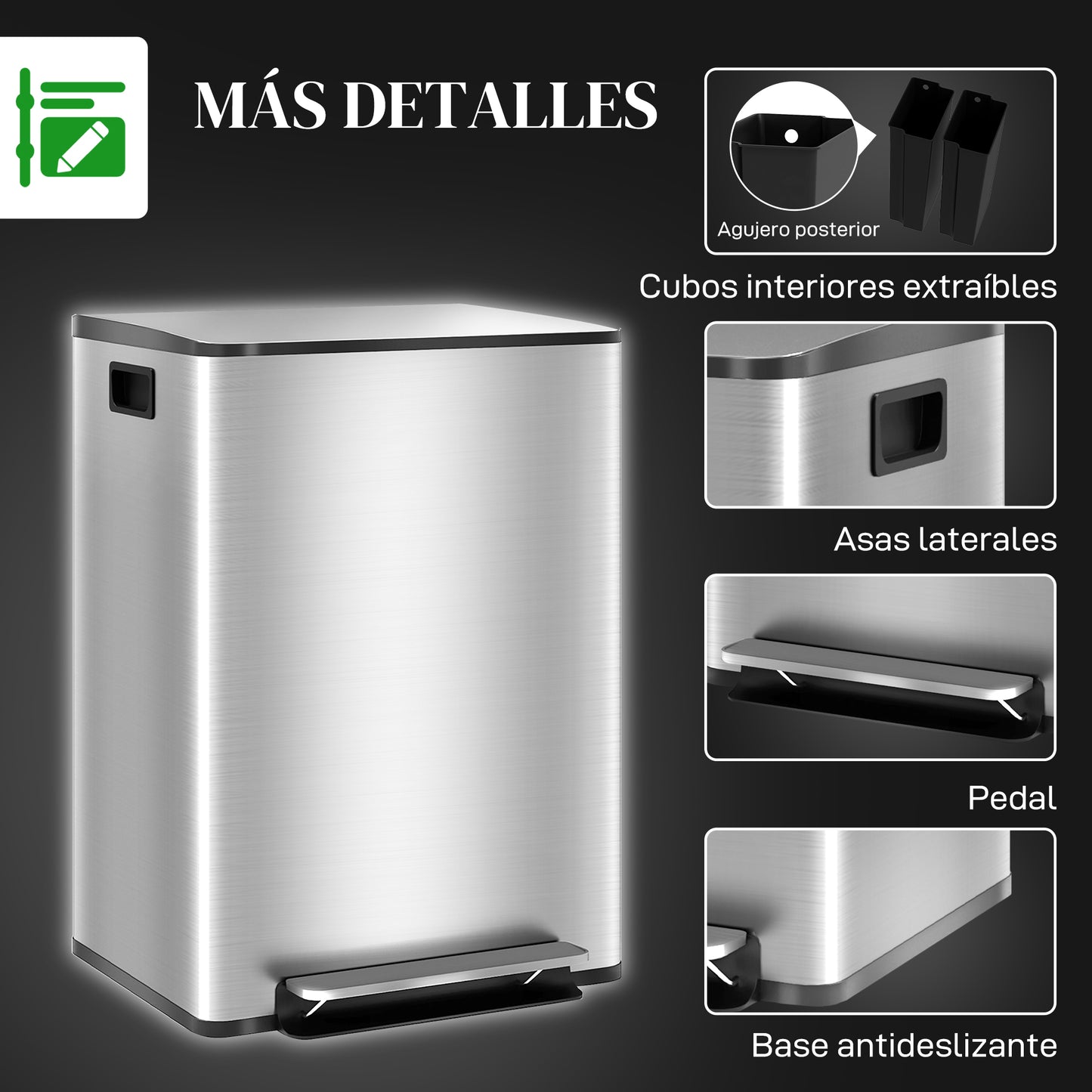 HOMCOM Cubo de Basura de Cocina con 2 Compartimentos 2x30L Papelera de Cocina de Acero Inoxidable con Pedal Tapa de Cierre Suave y Cubo Extraíble para Dormitorio Oficina Salón Plata