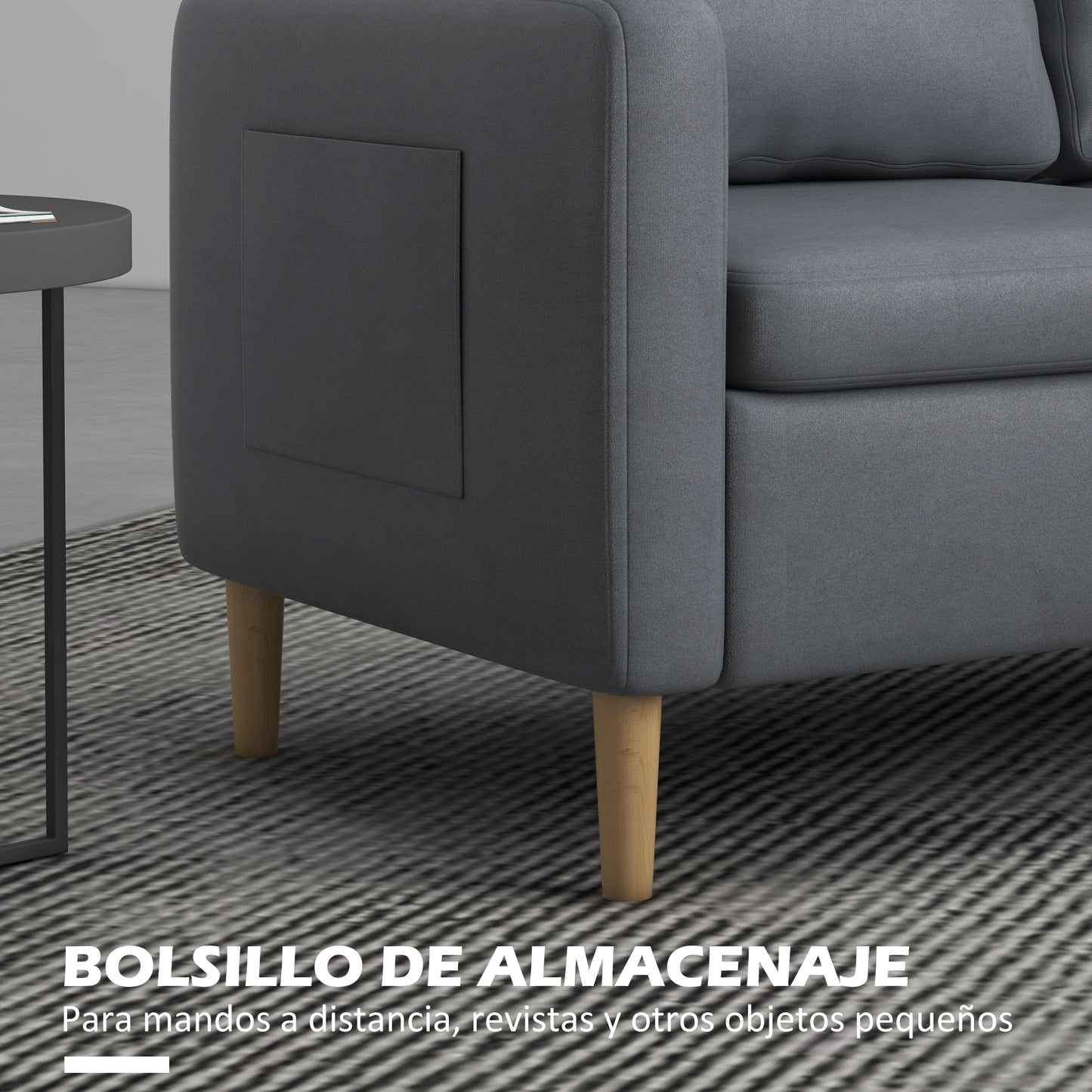 HOMCOM Conjunto de Sofá Incluye 1 Sofá de 2 Plazas y 1 Butaca de Salón con Bolsillos Laterales Reposabrazos y Patas de Madera para Dormitorio Oficina Gris