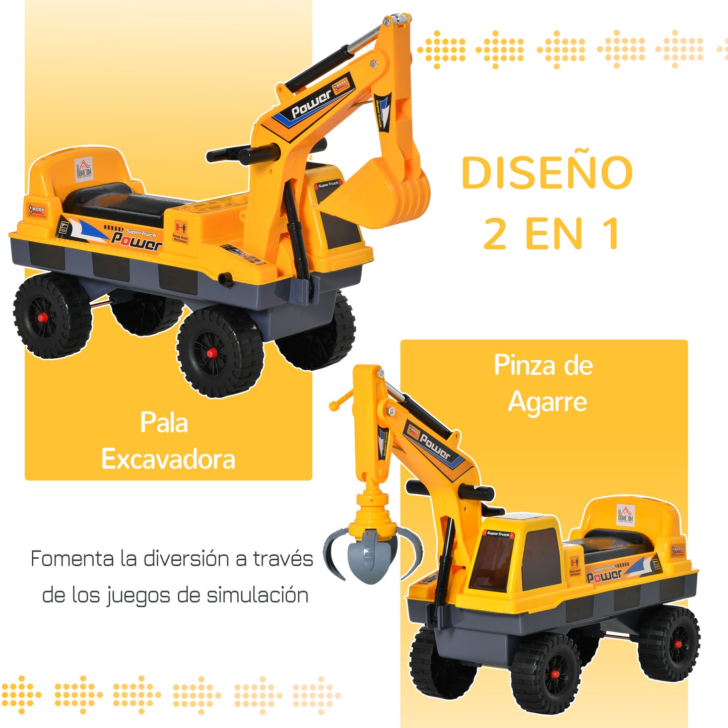 HOMCOM Tractor sin Pedales para Niños de 2-3 Años Excavadora Correpasillos con Pala Delantera Luces Música y Espacio de Alamcenaje Oculto 90x28x58 cm Amarillo