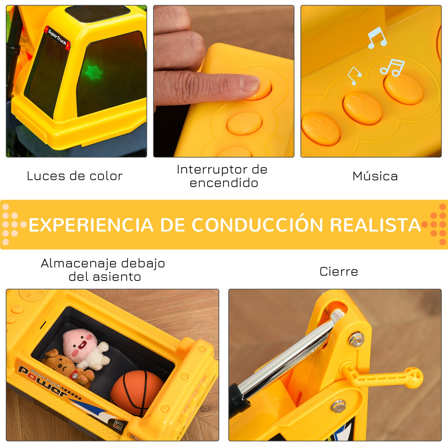 HOMCOM Tractor sin Pedales para Niños de 2-3 Años Excavadora Correpasillos con Pala Delantera Luces Música y Espacio de Alamcenaje Oculto 90x28x58 cm Amarillo