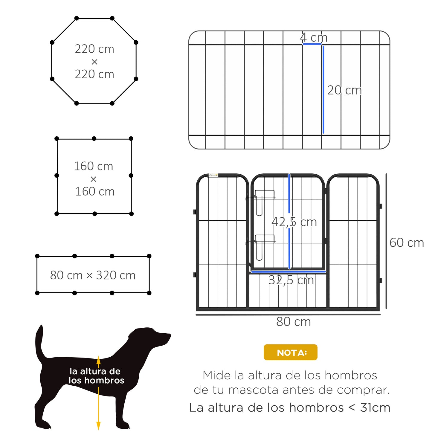 PawHut Parque para Perros de 8 Paneles 80x60 cm Cercado para Perros con Forma Personalizable Puerta Marco de Acero y 8 Anclajes de Tierra para Jardín Patio Negro