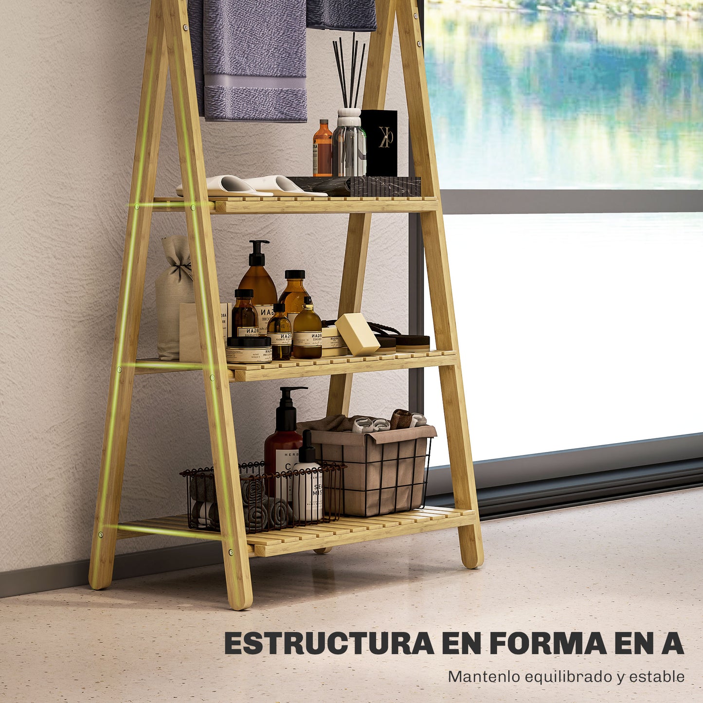 HOMCOM Estantería de Baño de Bambú con 3 Estantes Estantería de Almacenaje Plegable con Barras Estantería de Madera en Forma de A 53,5x30x53 cm Natural