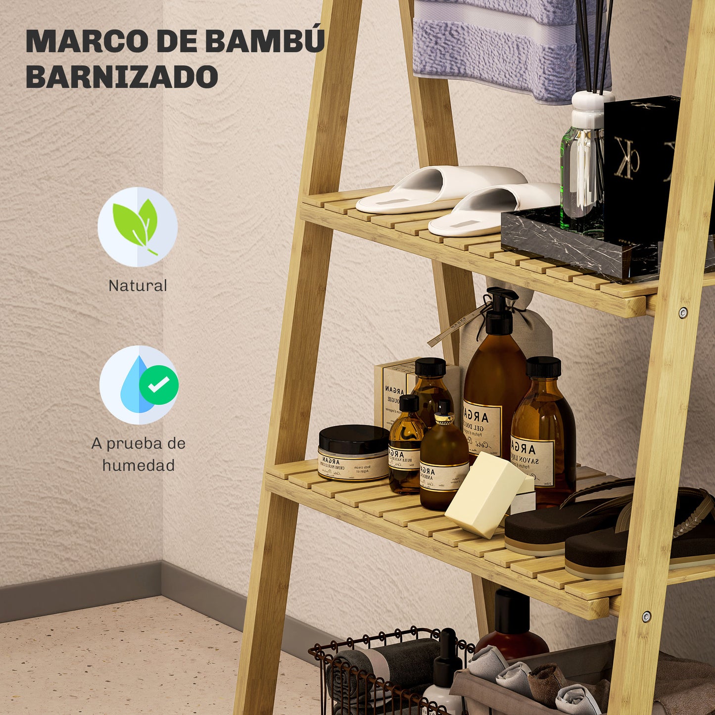 HOMCOM Estantería de Baño de Bambú con 3 Estantes Estantería de Almacenaje Plegable con Barras Estantería de Madera en Forma de A 53,5x30x53 cm Natural