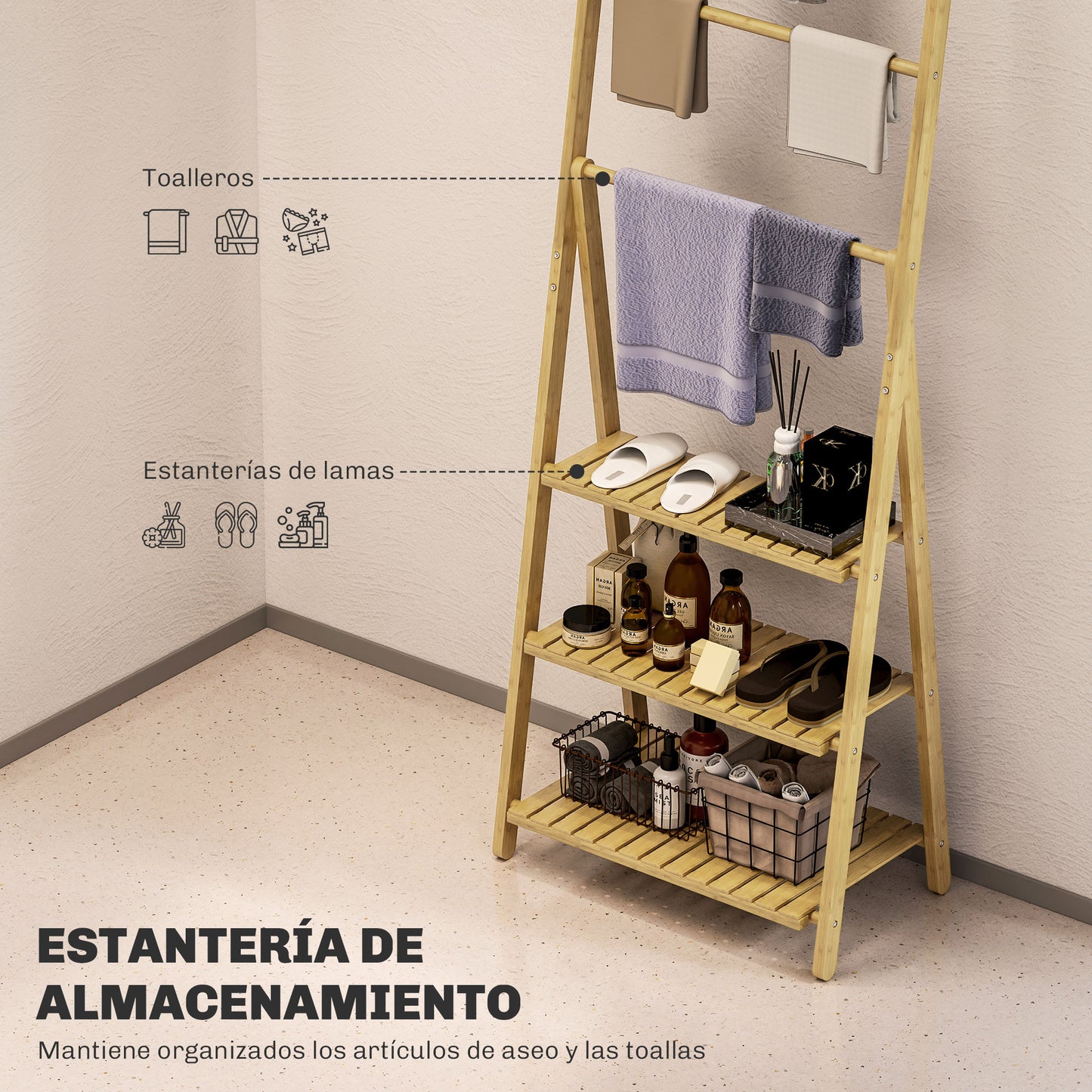 HOMCOM Estantería de Baño de Bambú con 3 Estantes Estantería de Almacenaje Plegable con Barras Estantería de Madera en Forma de A 53,5x30x53 cm Natural