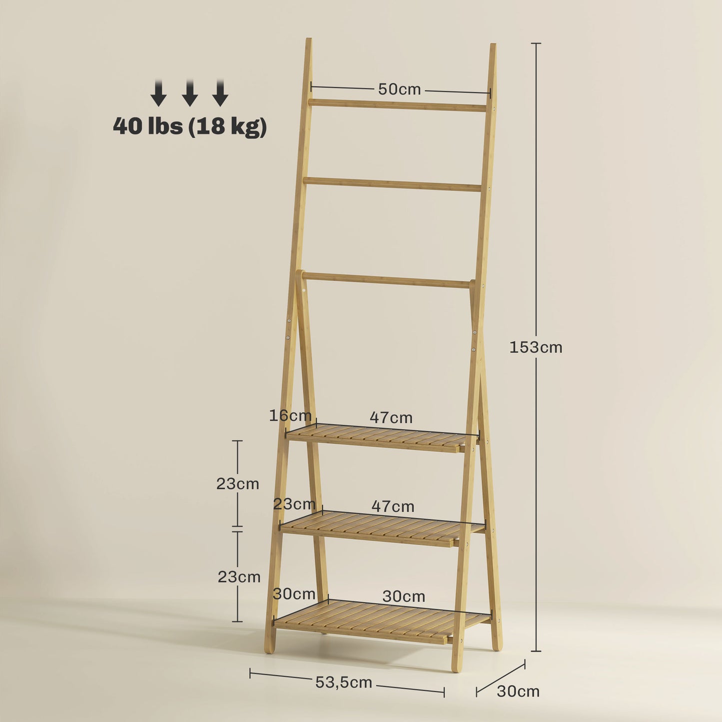 HOMCOM Estantería de Baño de Bambú con 3 Estantes Estantería de Almacenaje Plegable con Barras Estantería de Madera en Forma de A 53,5x30x53 cm Natural