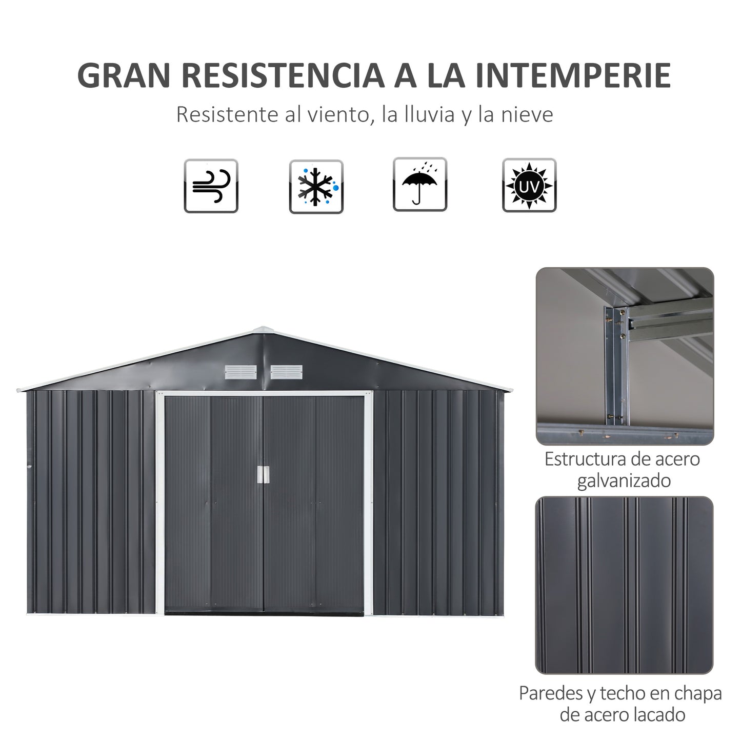 Outsunny Caseta de Jardín de Exterior Cobertizo de Jardín 12,4 m² 340x386x200 cm con 2 Puertas Corredizas Base Refuerzo (Suelo NO Incluido) para Patio Terraza Gris Oscuro