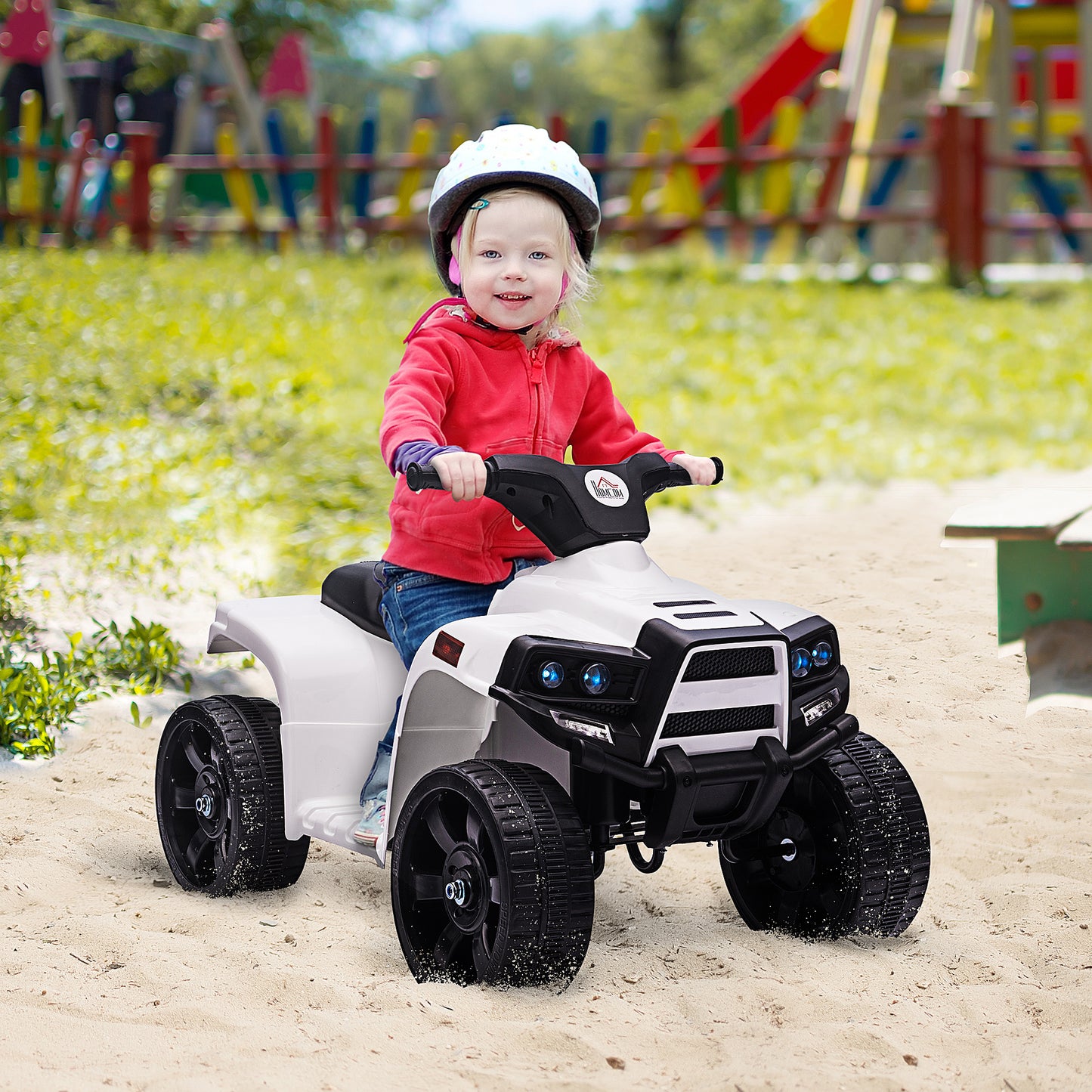 HOMCOM Quad Eléctrico para Niños 18-36 Meses Cuatrimoto Infantil a Batería 6V con Faros Bocina Velocidad 0-3 km/h Avance y Retroceso 65x40x43 cm Blanco