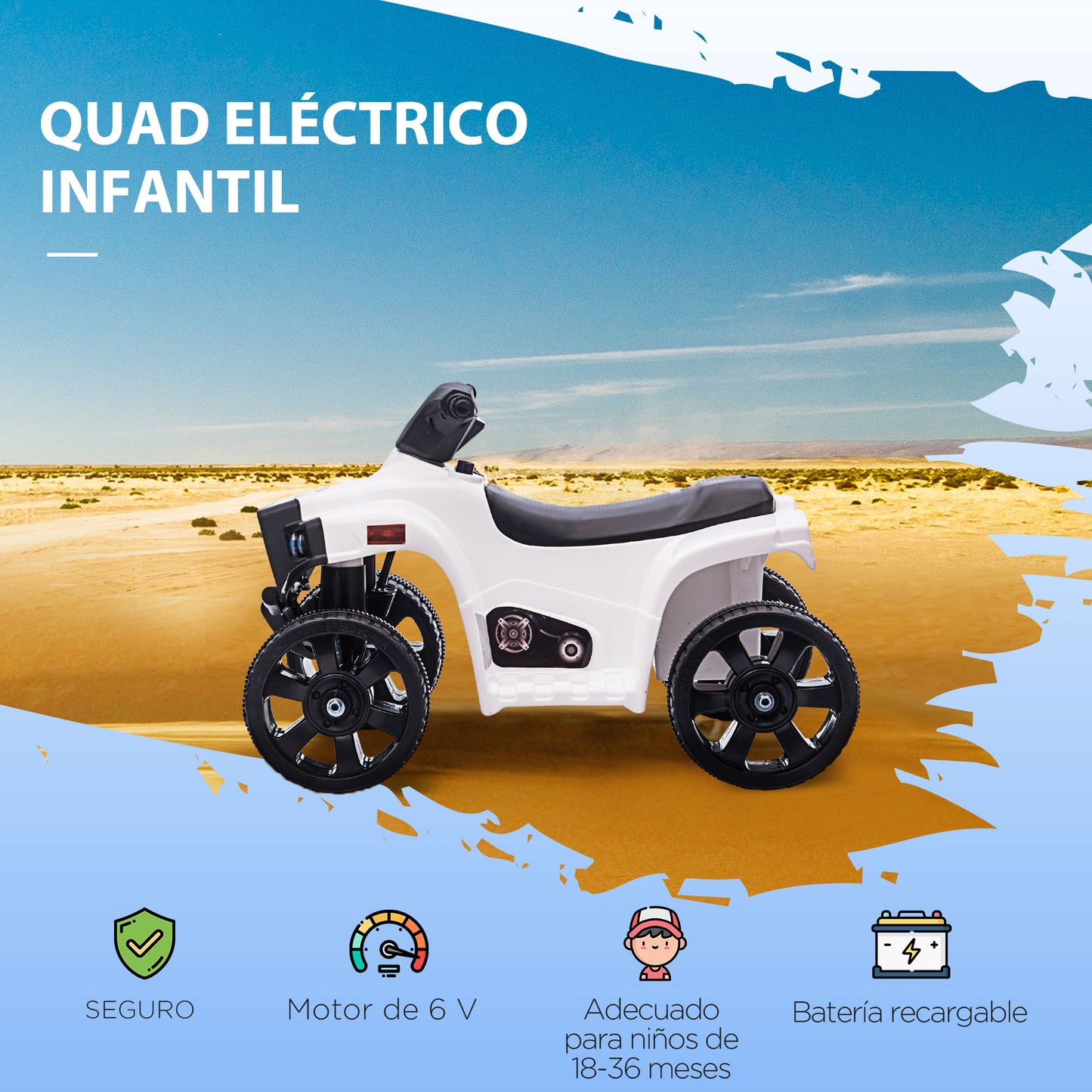 HOMCOM Quad Eléctrico para Niños 18-36 Meses Cuatrimoto Infantil a Batería 6V con Faros Bocina Velocidad 0-3 km/h Avance y Retroceso 65x40x43 cm Blanco