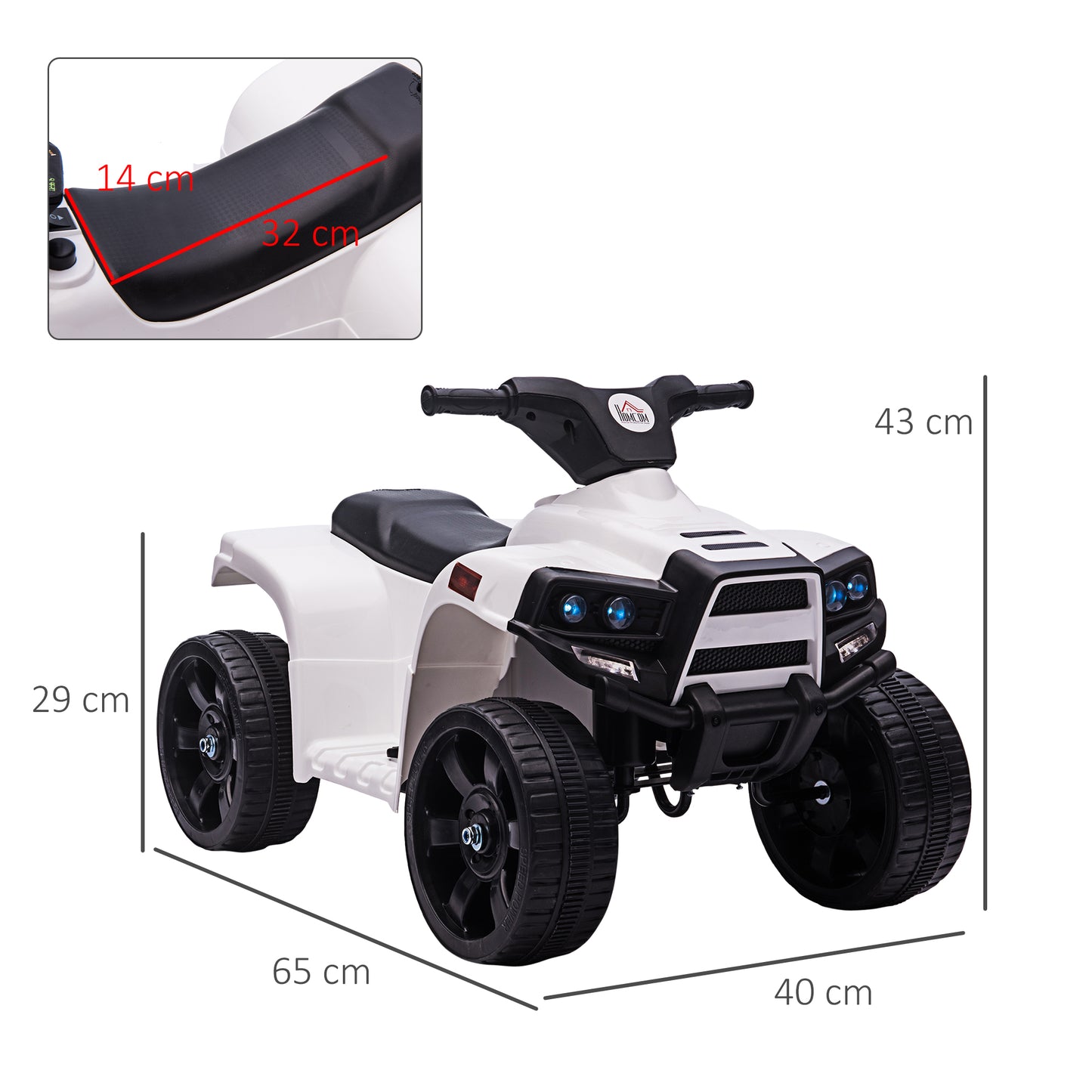 HOMCOM Quad Eléctrico para Niños 18-36 Meses Cuatrimoto Infantil a Batería 6V con Faros Bocina Velocidad 0-3 km/h Avance y Retroceso 65x40x43 cm Blanco