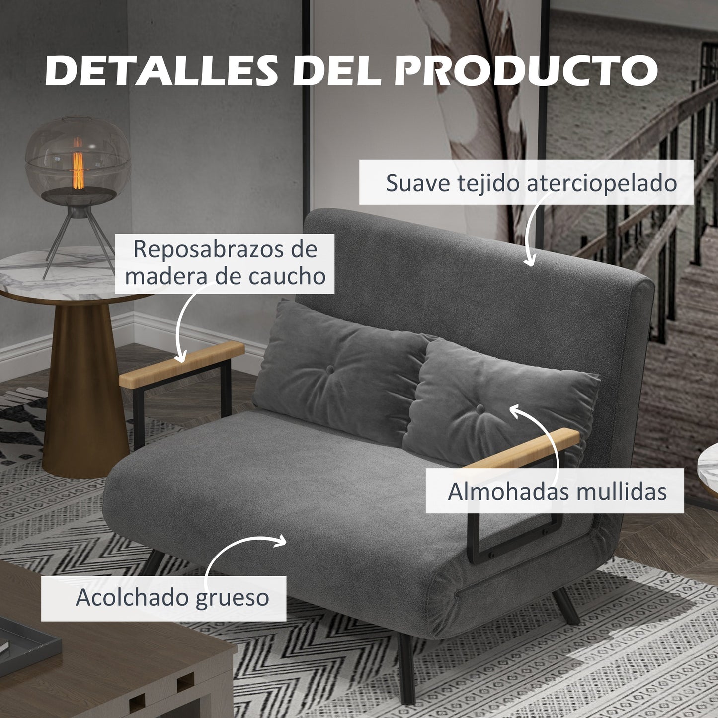 HOMCOM Sofá Cama de 2 Plazas Sofá Cama Plegable Tapizado en Terciopelo con Respaldo Ajustable de 5 Niveles y 2 Almohadas Acolchadas para Oficina Dormitorio Salón 102x73x81 cm Gris