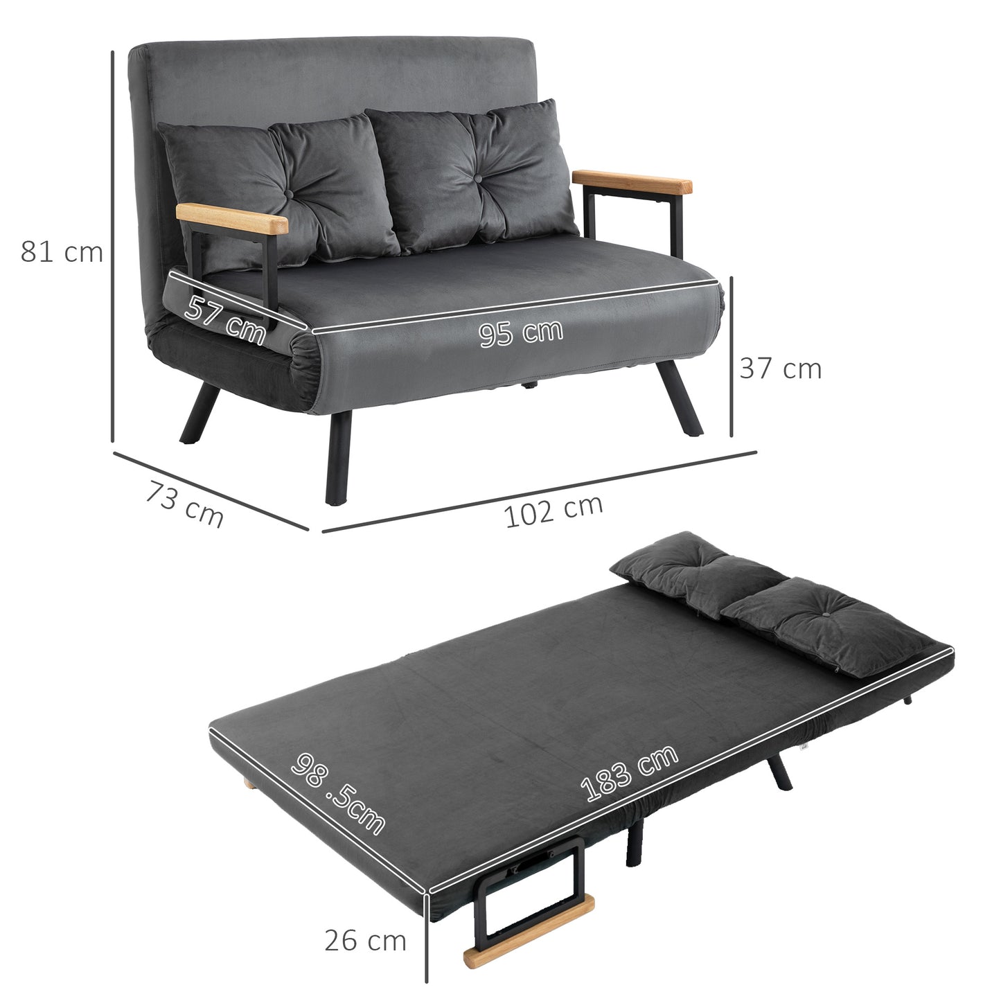 HOMCOM Sofá Cama de 2 Plazas Sofá Cama Plegable Tapizado en Terciopelo con Respaldo Ajustable de 5 Niveles y 2 Almohadas Acolchadas para Oficina Dormitorio Salón 102x73x81 cm Gris