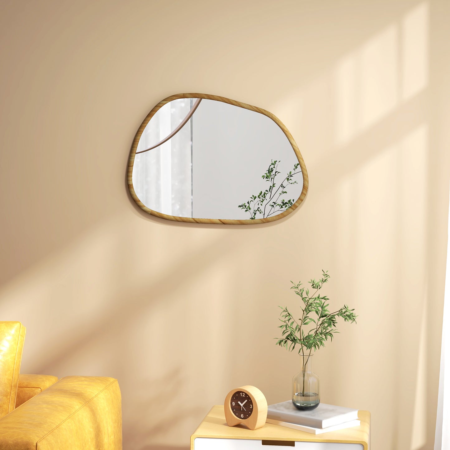 HOMCOM Espejo de Pared Decorativo 70x50 cm Espejo de Baño con Forma Irregular y Marco de Madera para Salón Entrada Pasillo Horizontal o Vertical Natural