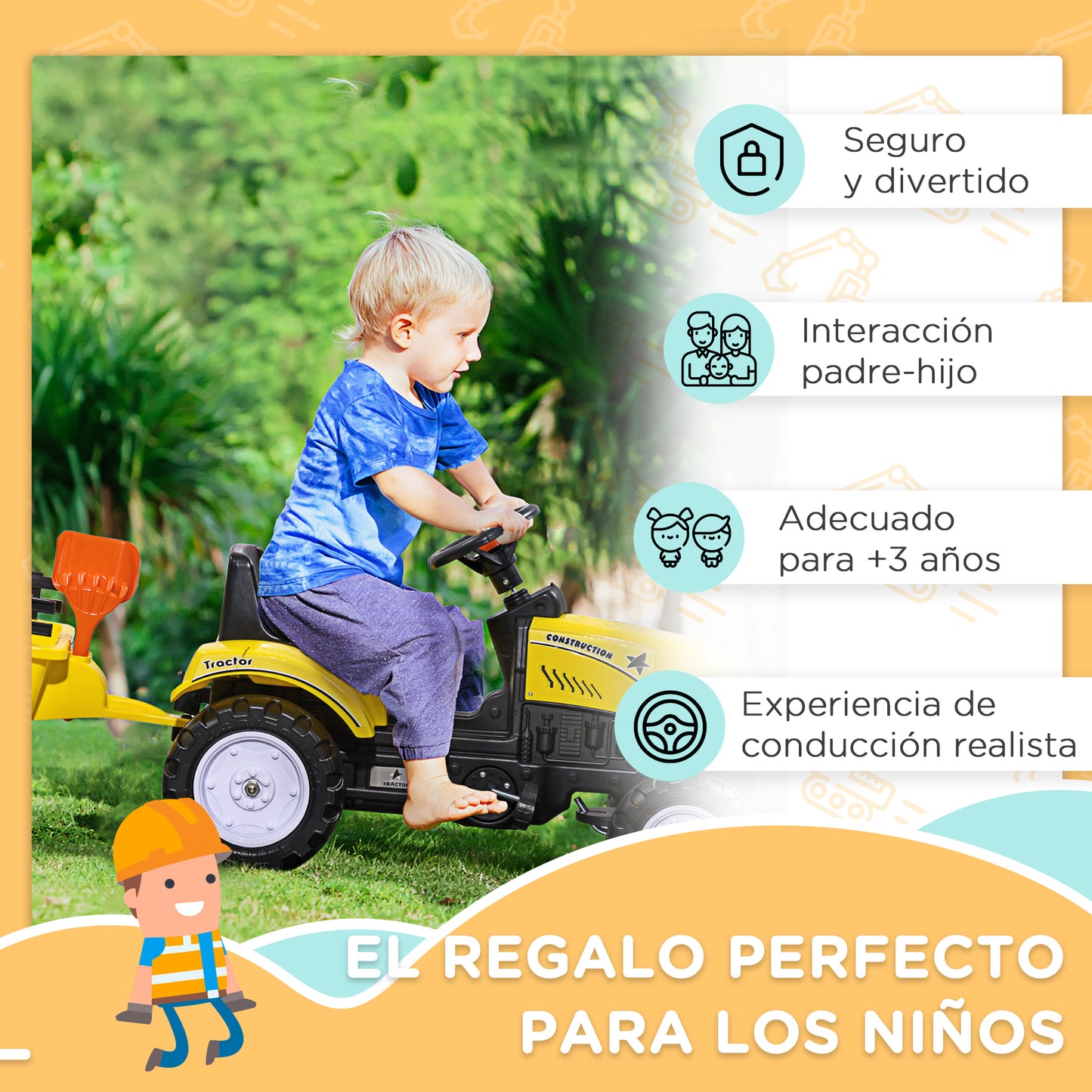 HOMCOM Tractor a Pedales para Niños de 3 Años con Remolque Juguete de Montar Coche de Pedales Carga 35 kg 133x42x51 cm Amarillo