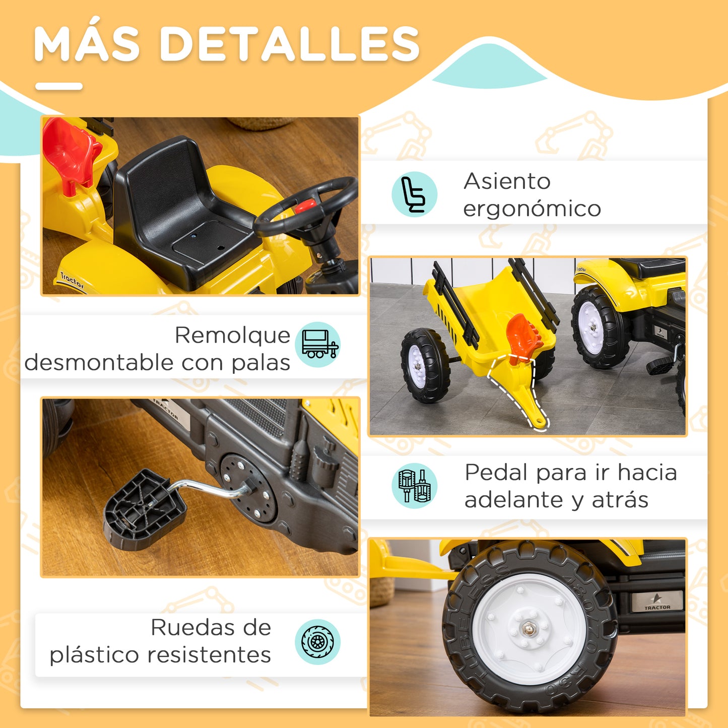 HOMCOM Tractor a Pedales para Niños de 3 Años con Remolque Juguete de Montar Coche de Pedales Carga 35 kg 133x42x51 cm Amarillo