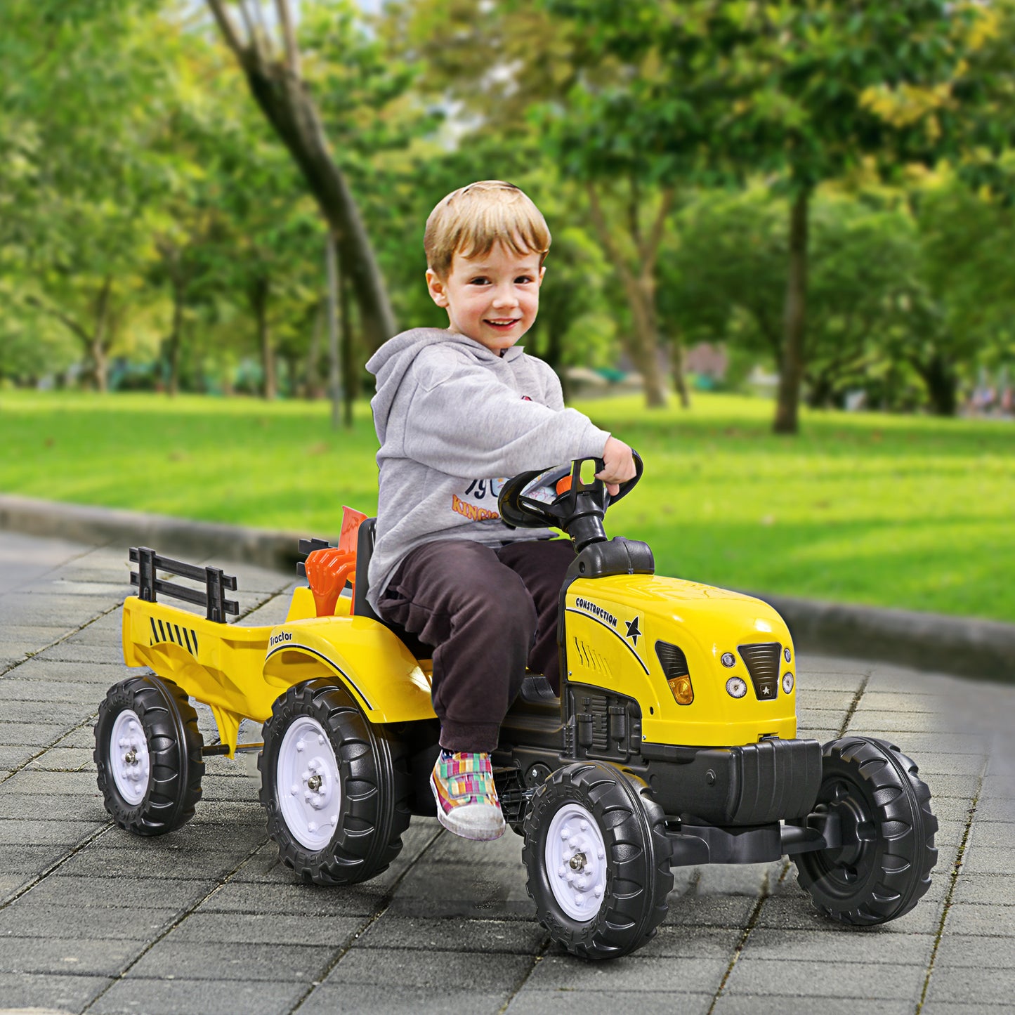 HOMCOM Tractor a Pedales para Niños de 3 Años con Remolque Juguete de Montar Coche de Pedales Carga 35 kg 133x42x51 cm Amarillo