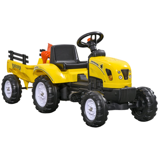 HOMCOM Tractor a Pedales para Niños de 3 Años con Remolque Juguete de Montar Coche de Pedales Carga 35 kg 133x42x51 cm Amarillo
