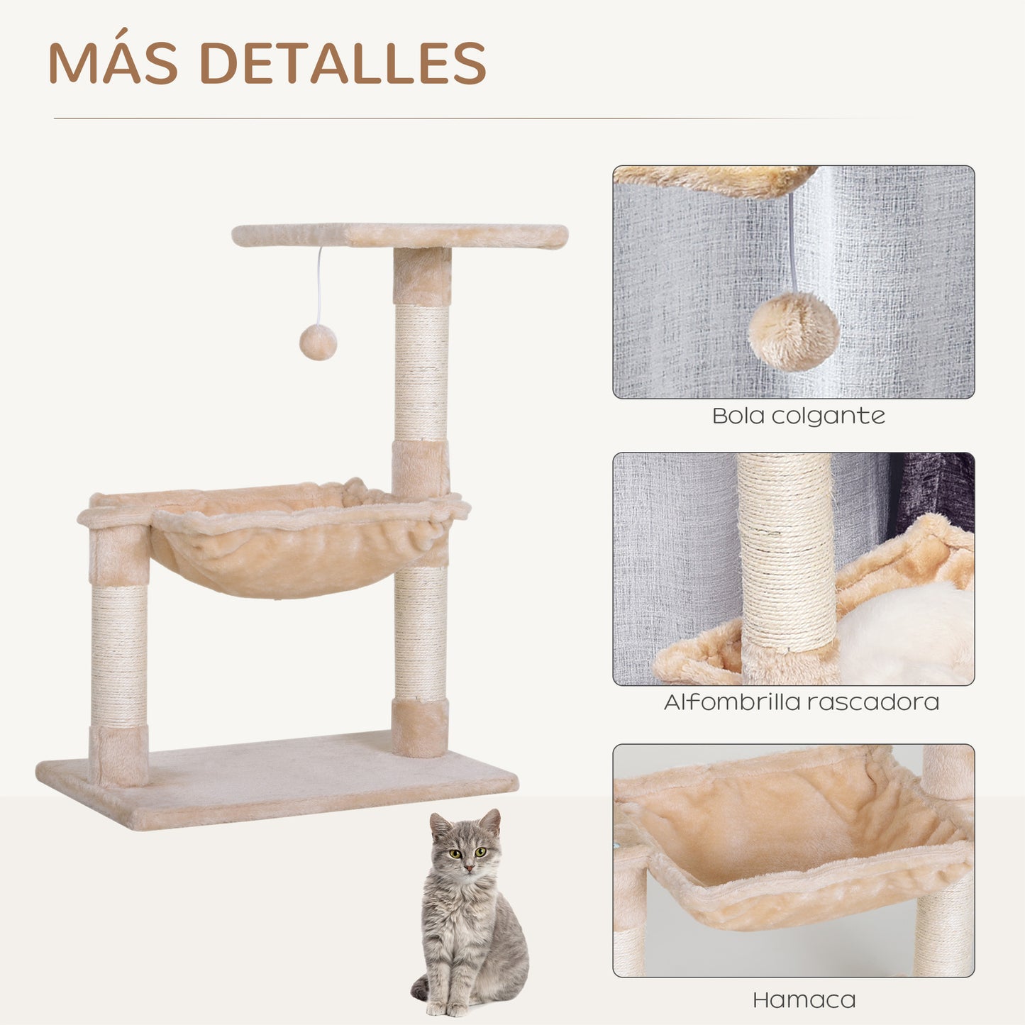 PawHut Árbol Rascador para Gatos Centro de Actividad Plataforma Caseta Postes de Sisal Hamaca Bola 50x36x70 cm Beige