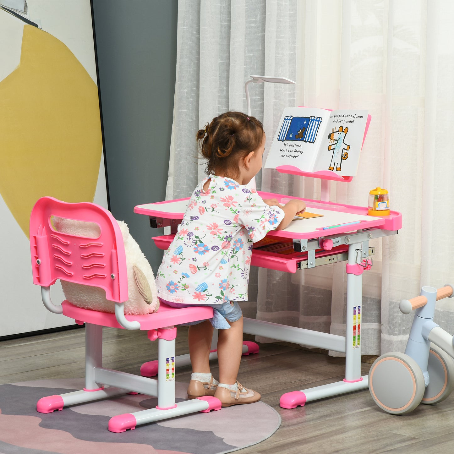 HOMCOM Juego de Escritorio y Silla para Niños de +6 Años Pupitre Infantil Altura Ajustable Escritorio Infantil con Mesa Inclinable Lámpara Cajón y Estante para Libros Rosa