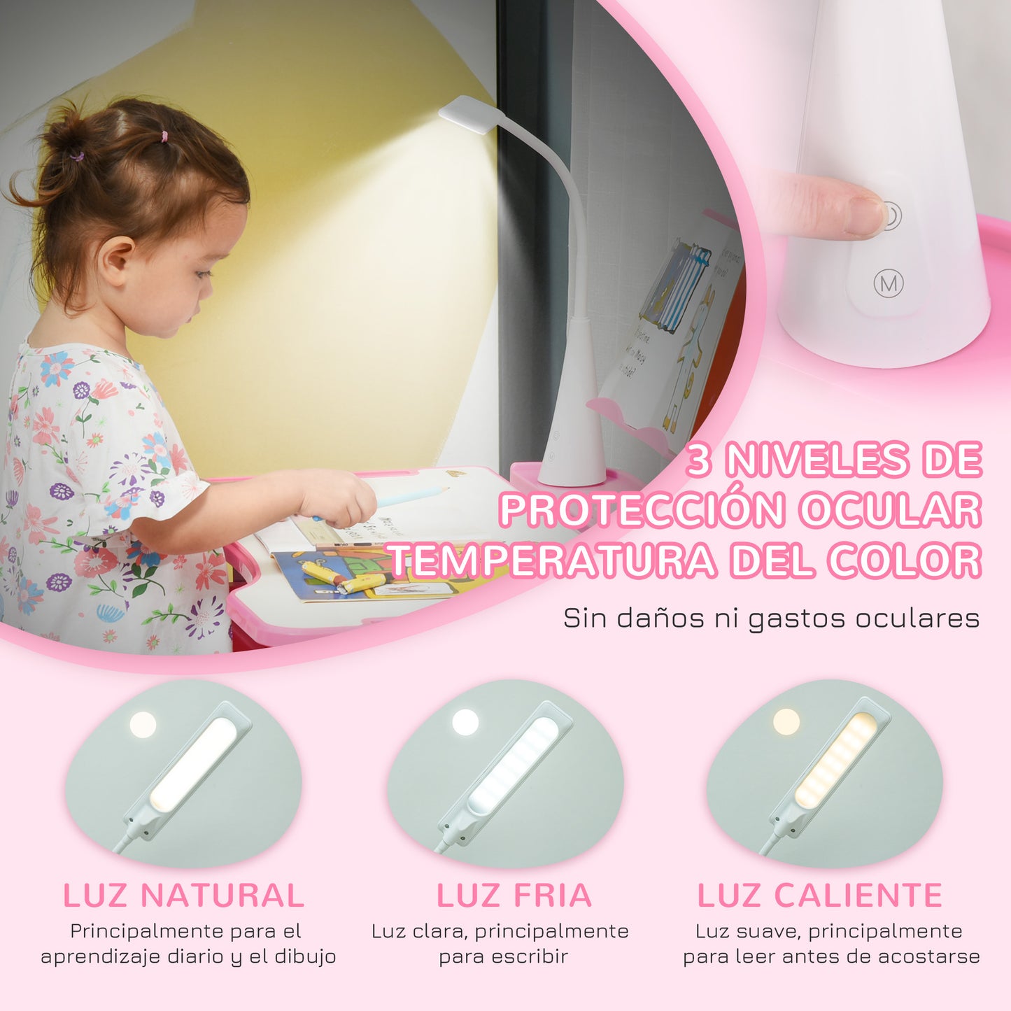 HOMCOM Juego de Escritorio y Silla para Niños de +6 Años Pupitre Infantil Altura Ajustable Escritorio Infantil con Mesa Inclinable Lámpara Cajón y Estante para Libros Rosa