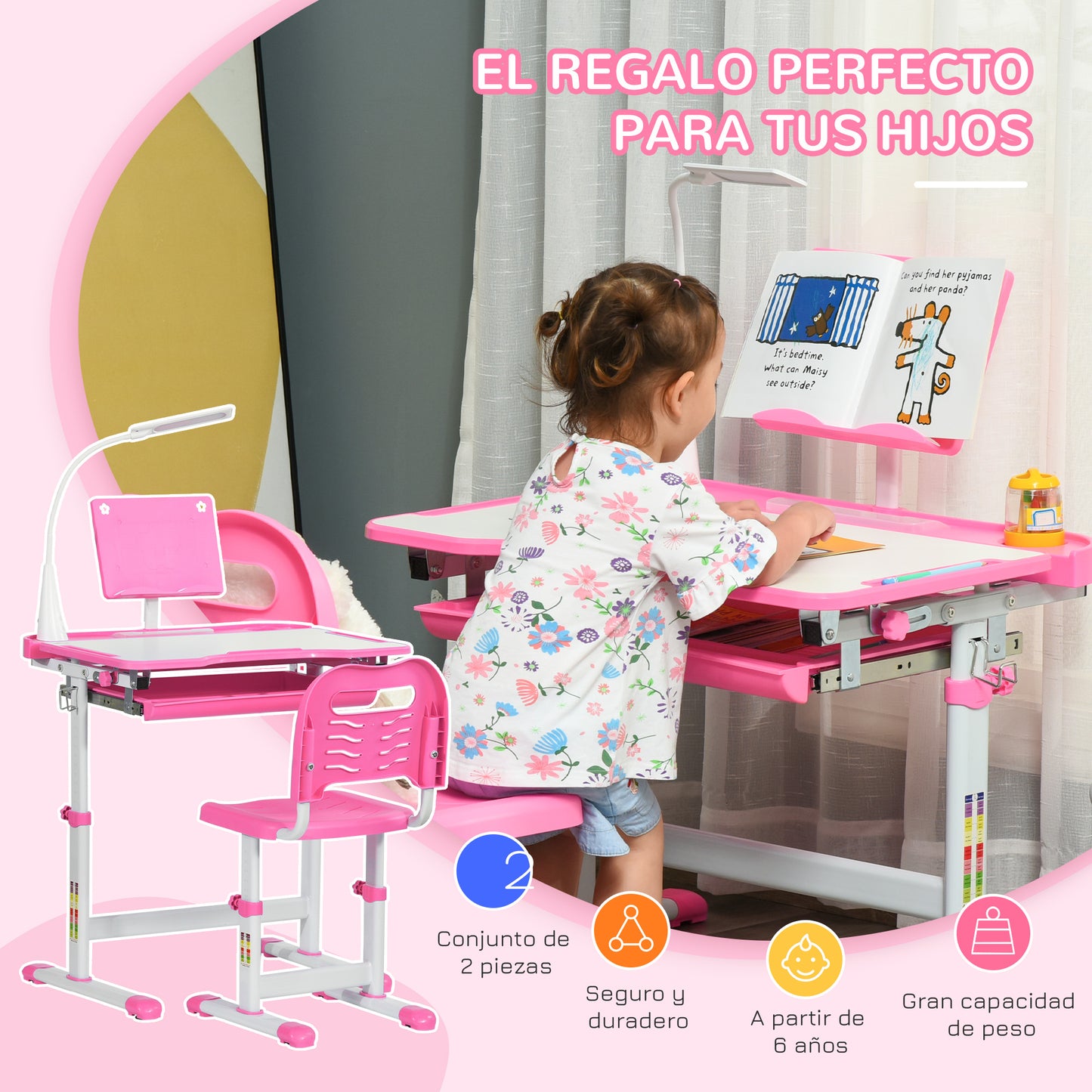 HOMCOM Juego de Escritorio y Silla para Niños de +6 Años Pupitre Infantil Altura Ajustable Escritorio Infantil con Mesa Inclinable Lámpara Cajón y Estante para Libros Rosa