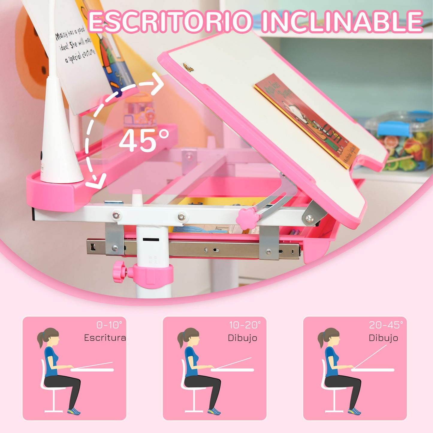 HOMCOM Juego de Escritorio y Silla para Niños de +6 Años Pupitre Infantil Altura Ajustable Escritorio Infantil con Mesa Inclinable Lámpara Cajón y Estante para Libros Rosa