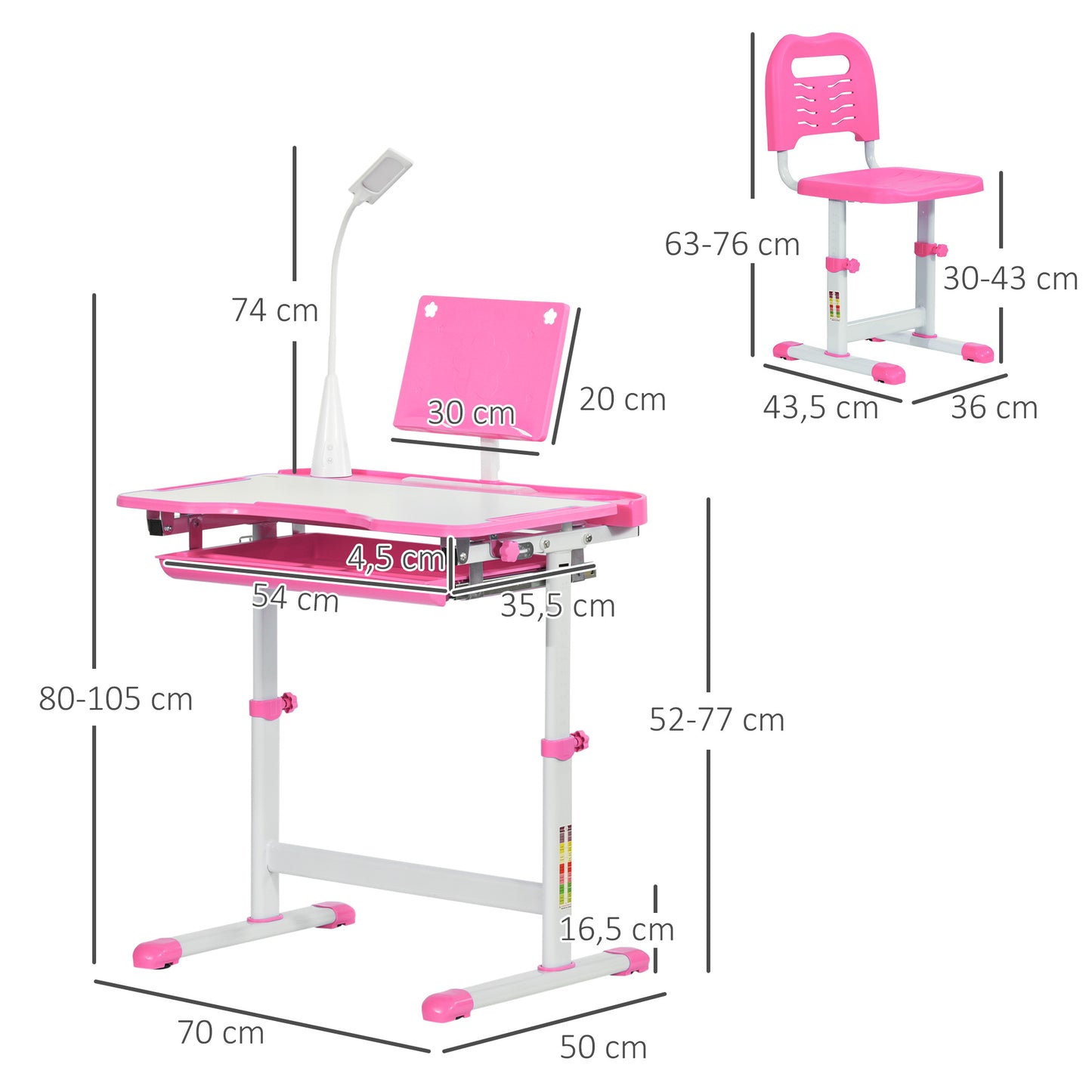 HOMCOM Juego de Escritorio y Silla para Niños de +6 Años Pupitre Infantil Altura Ajustable Escritorio Infantil con Mesa Inclinable Lámpara Cajón y Estante para Libros Rosa