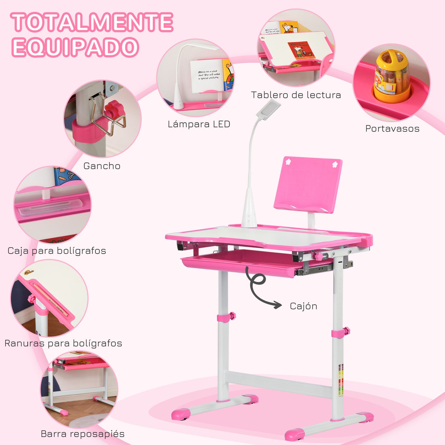 HOMCOM Juego de Escritorio y Silla para Niños de +6 Años Pupitre Infantil Altura Ajustable Escritorio Infantil con Mesa Inclinable Lámpara Cajón y Estante para Libros Rosa